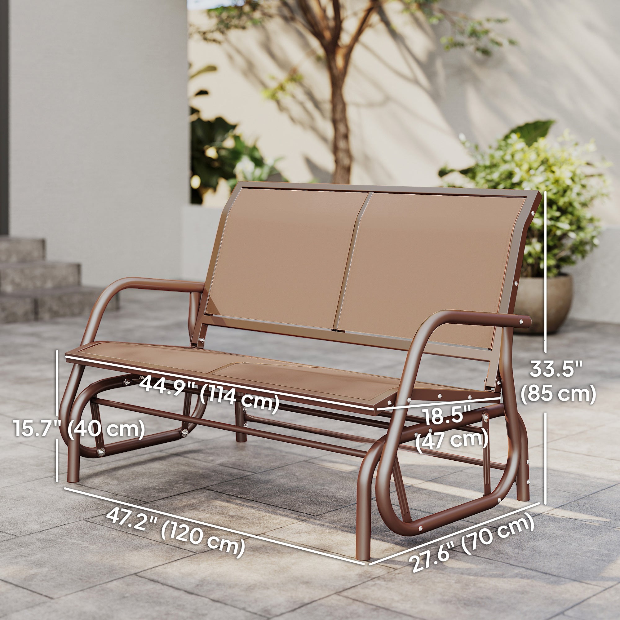 Outdoor Glider Bench, 2 Person Patio Glider Chair, Gliding Outdoor Garden Loveseat Swing Bench with Breathable Mesh Fabric, Steel Frame for Backyard, Porch, Coffee Brown