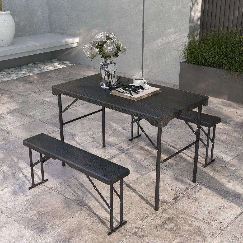 Folding Picnic Table with 2 Benches, 3-Piece Portable Outdoor Picnic Table Bench Set for 4, Patio Dining Table Set with Plastic Top, Steel Frame for Garden, Dark Grey