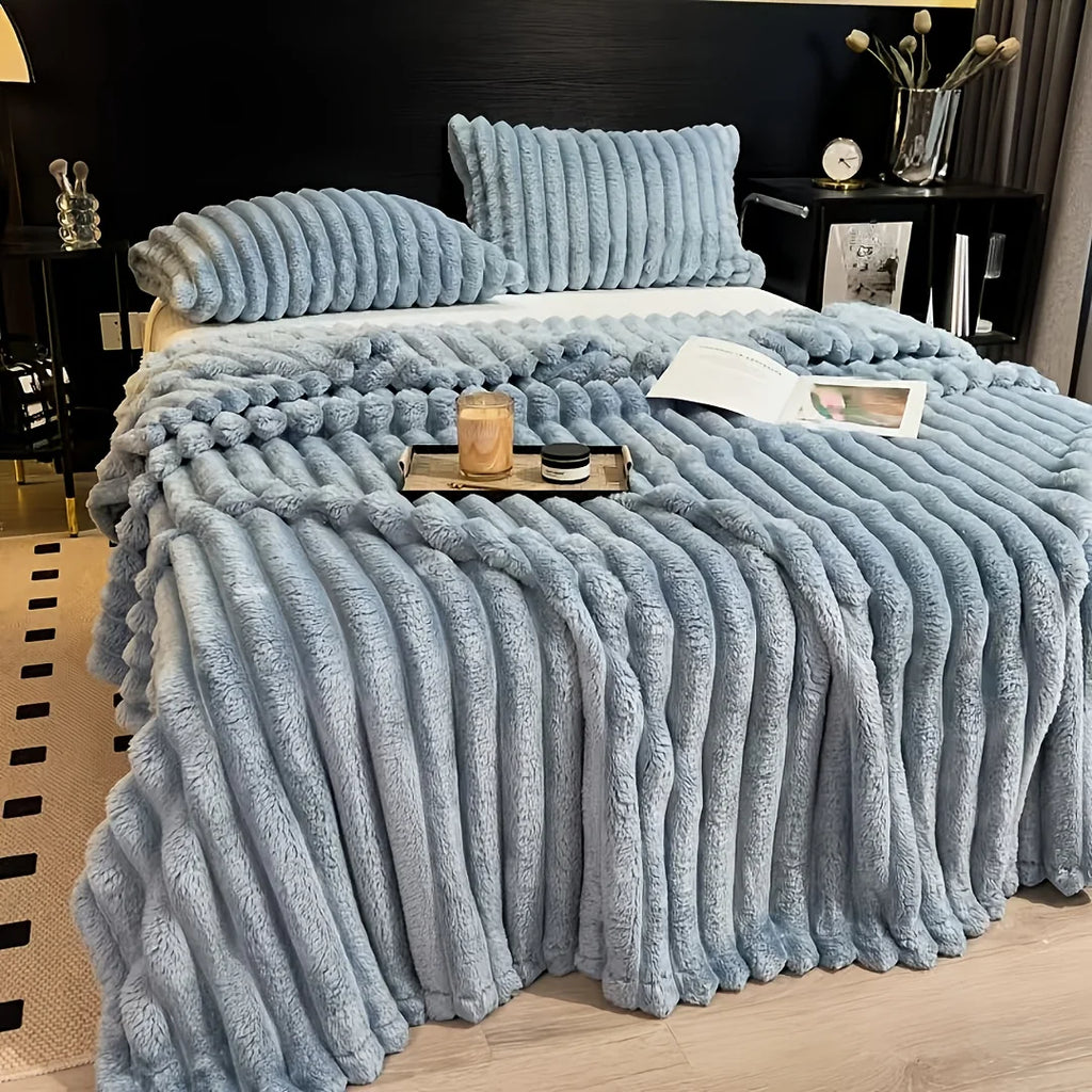 Solid Thickened Wide Stripe Flannel Blanket – Soft Multi-Purpose Bed & Sofa Throw
