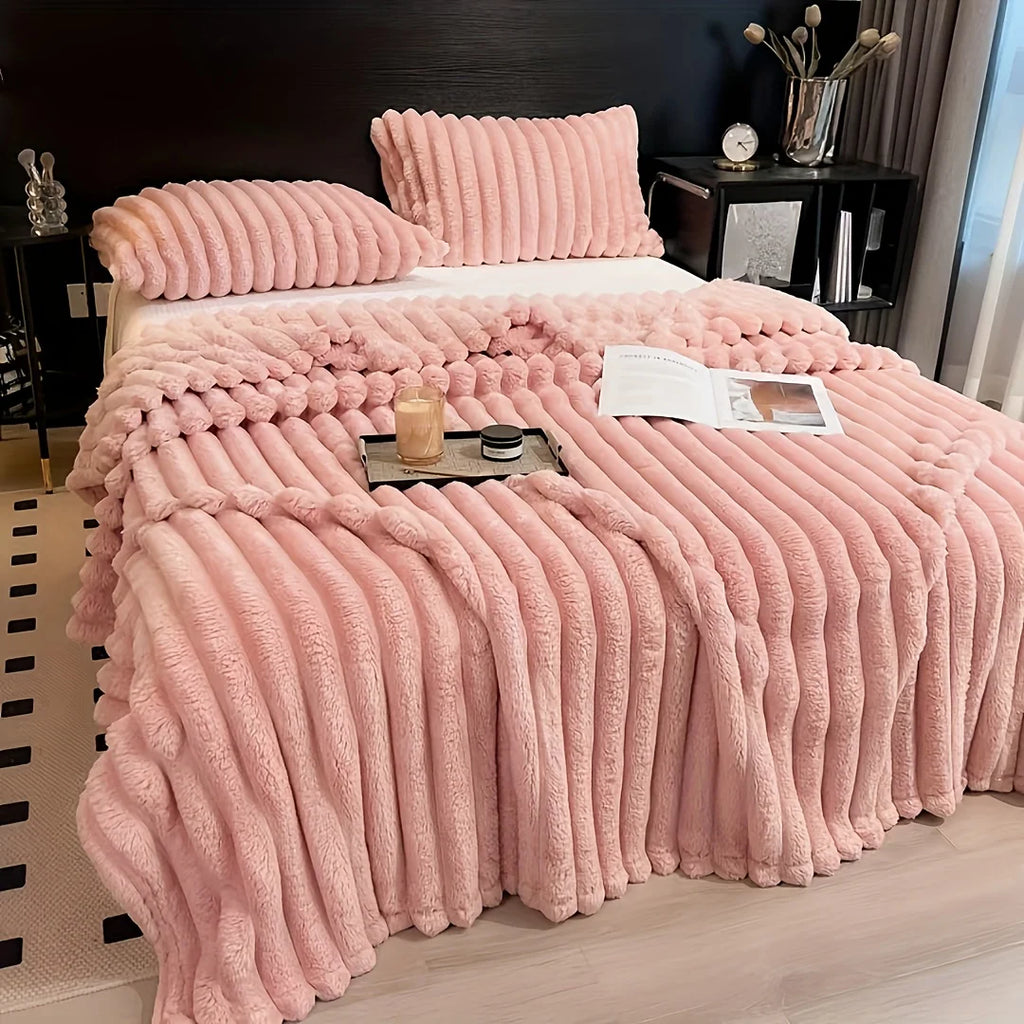 Solid Thickened Wide Stripe Flannel Blanket – Soft Multi-Purpose Bed & Sofa Throw