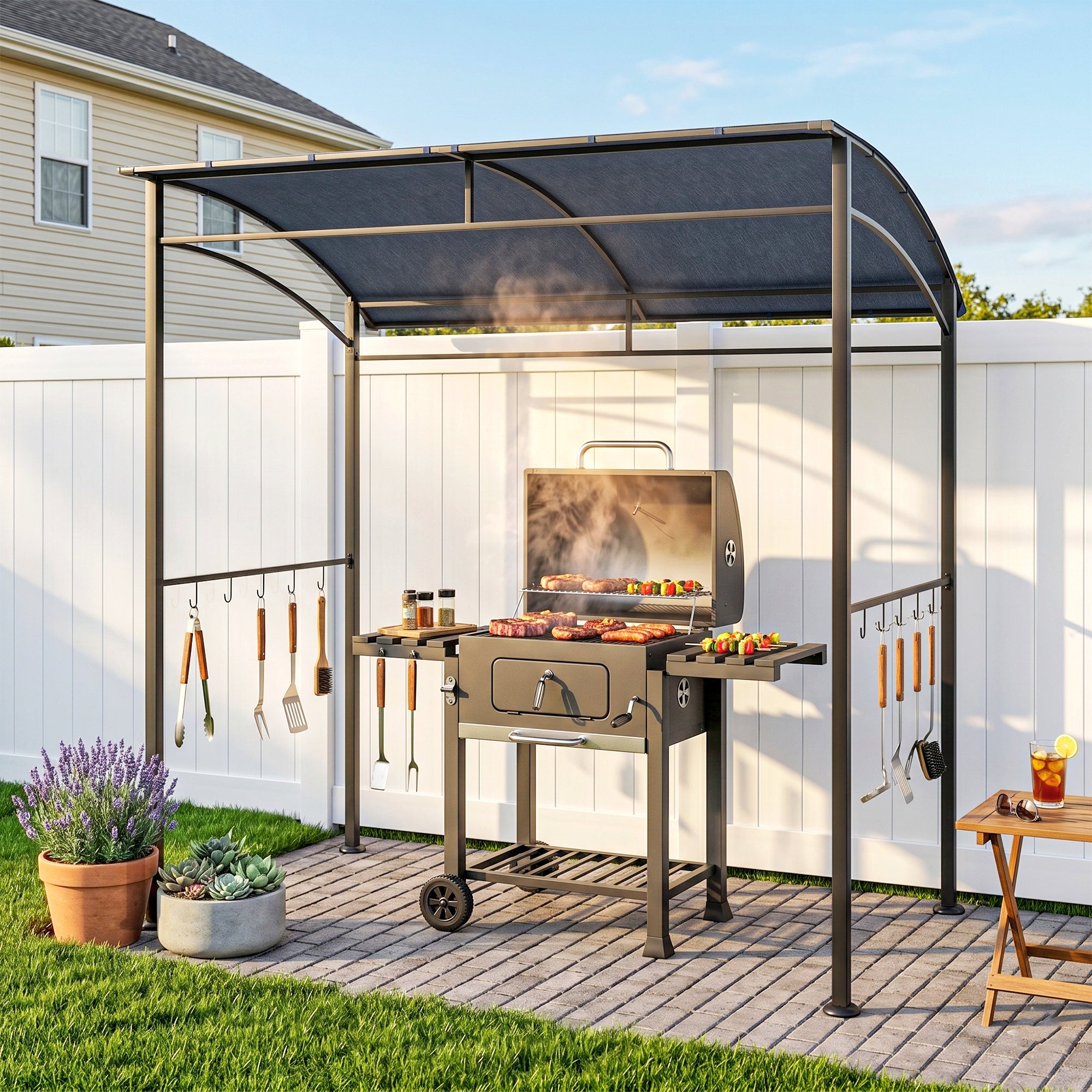 7' x 5' BBQ Grill Gazebo Tent, Garden Grill Canopy with Steel Frame and Hooks, Outdoor Sun Shade, Grey