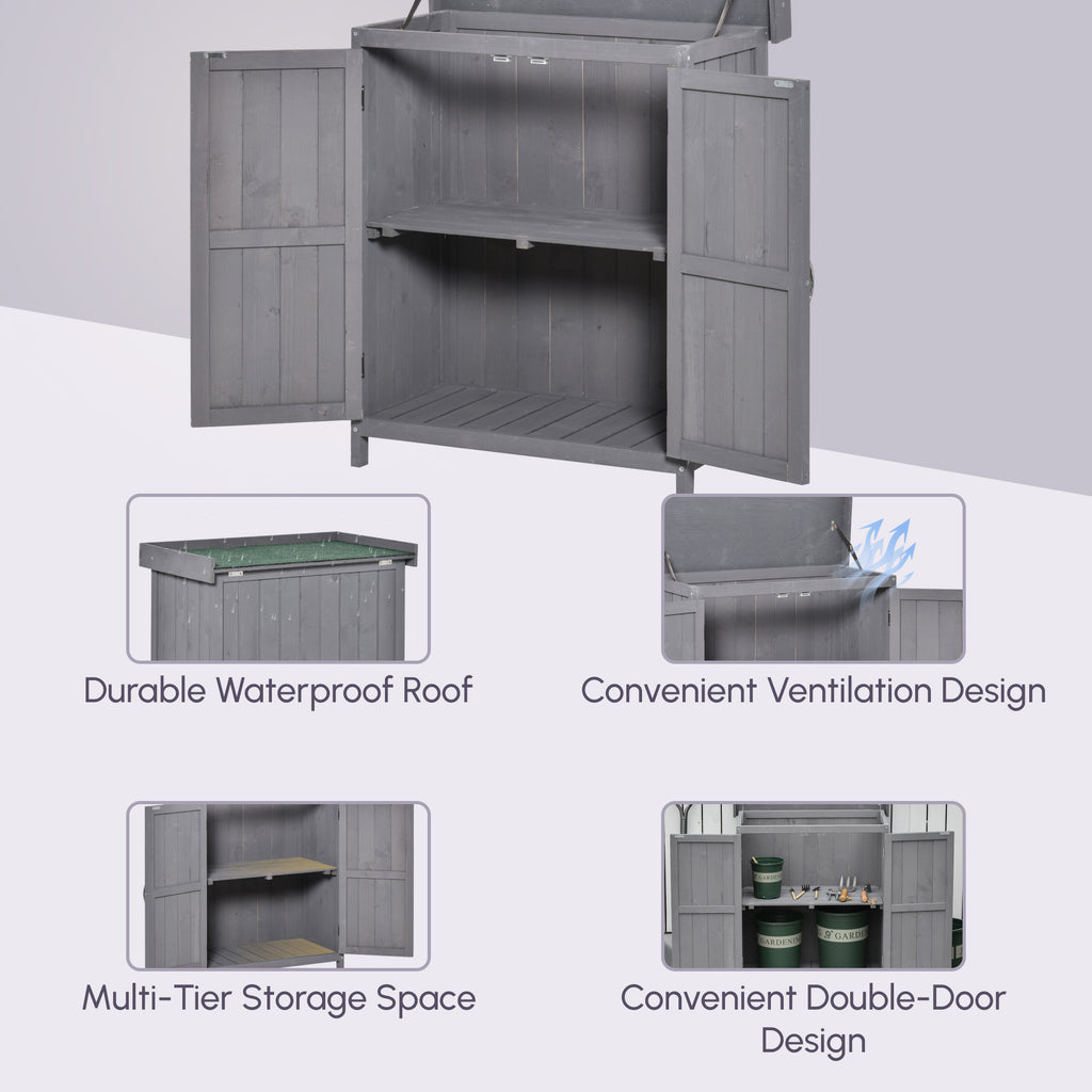 Wooden Garden Tool Storage Shed Kit with Hinged Roof, 2-Tier Shelves and Double Doors, 74x43x88cm, Dark Grey