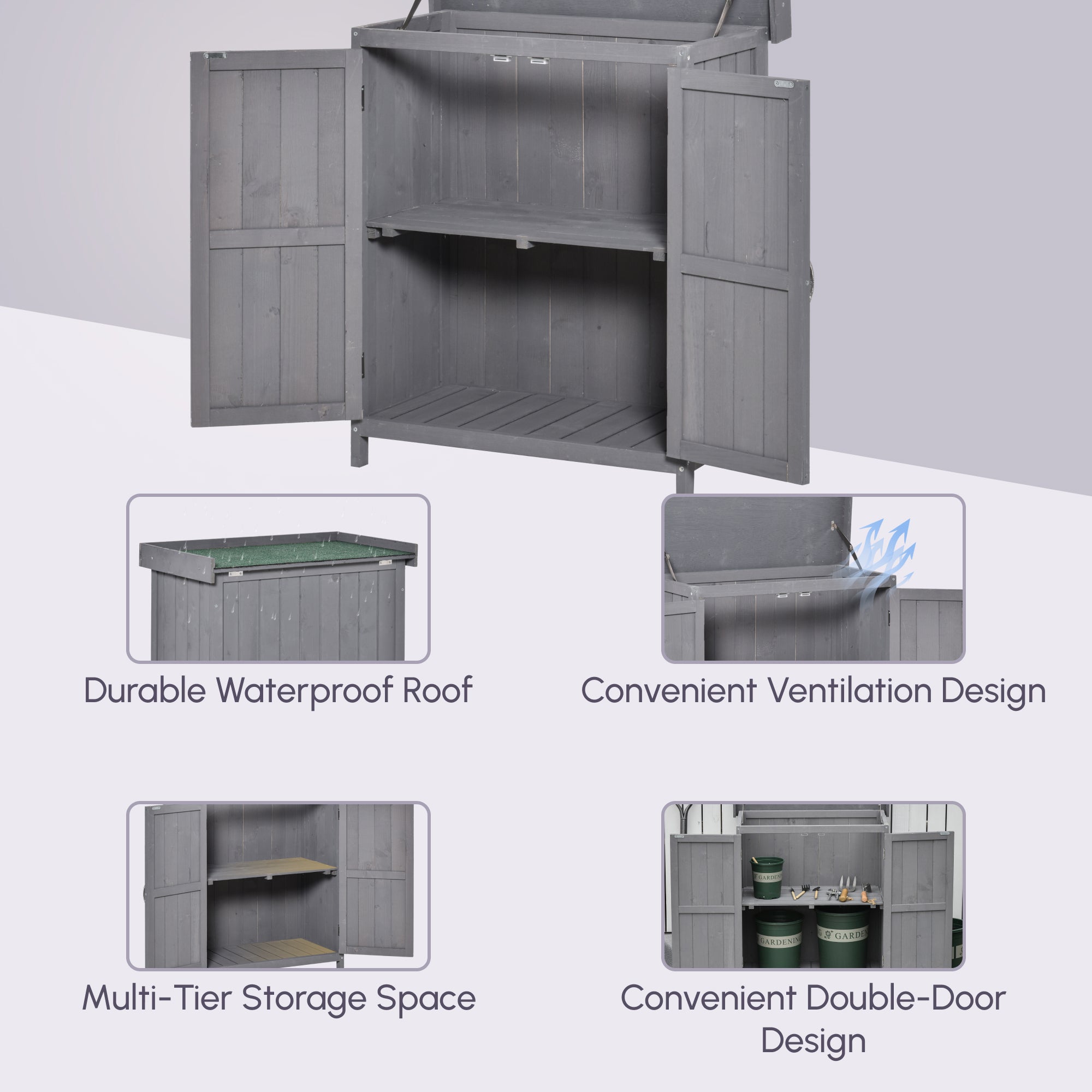 Wooden Garden Tool Storage Shed Kit with Hinged Roof, 2-Tier Shelves and Double Doors, 74x43x88cm, Dark Grey