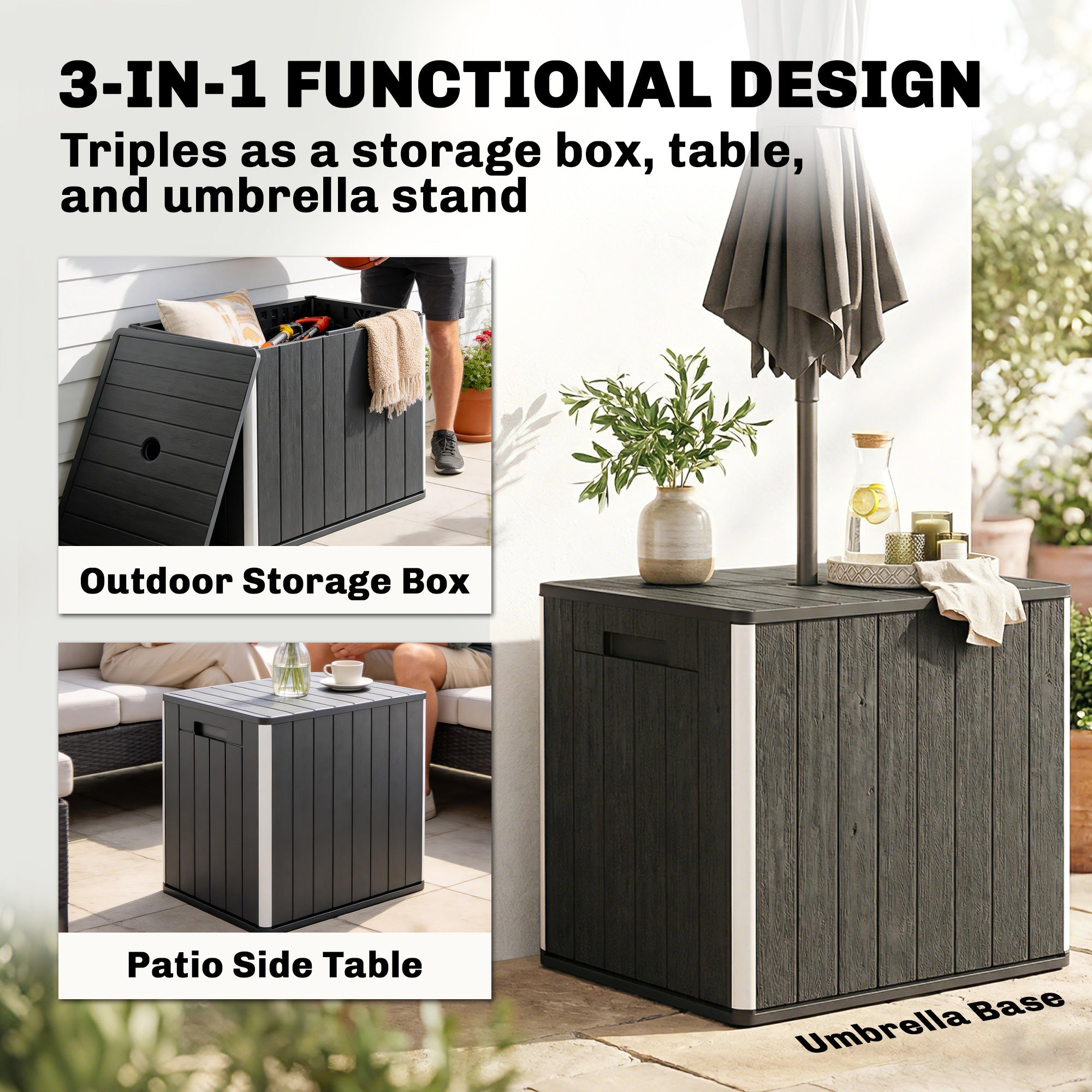 30 Gallon Storage Box, Outdoor Side Table with Umbrella Holder, Black