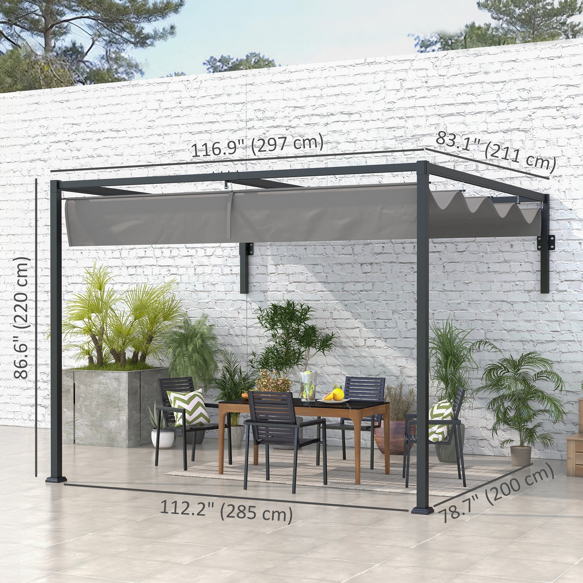 10' x 7' Lean To Pergola, Metal Pergola with Retractable Roof for Grill, Garden, Patio, Deck