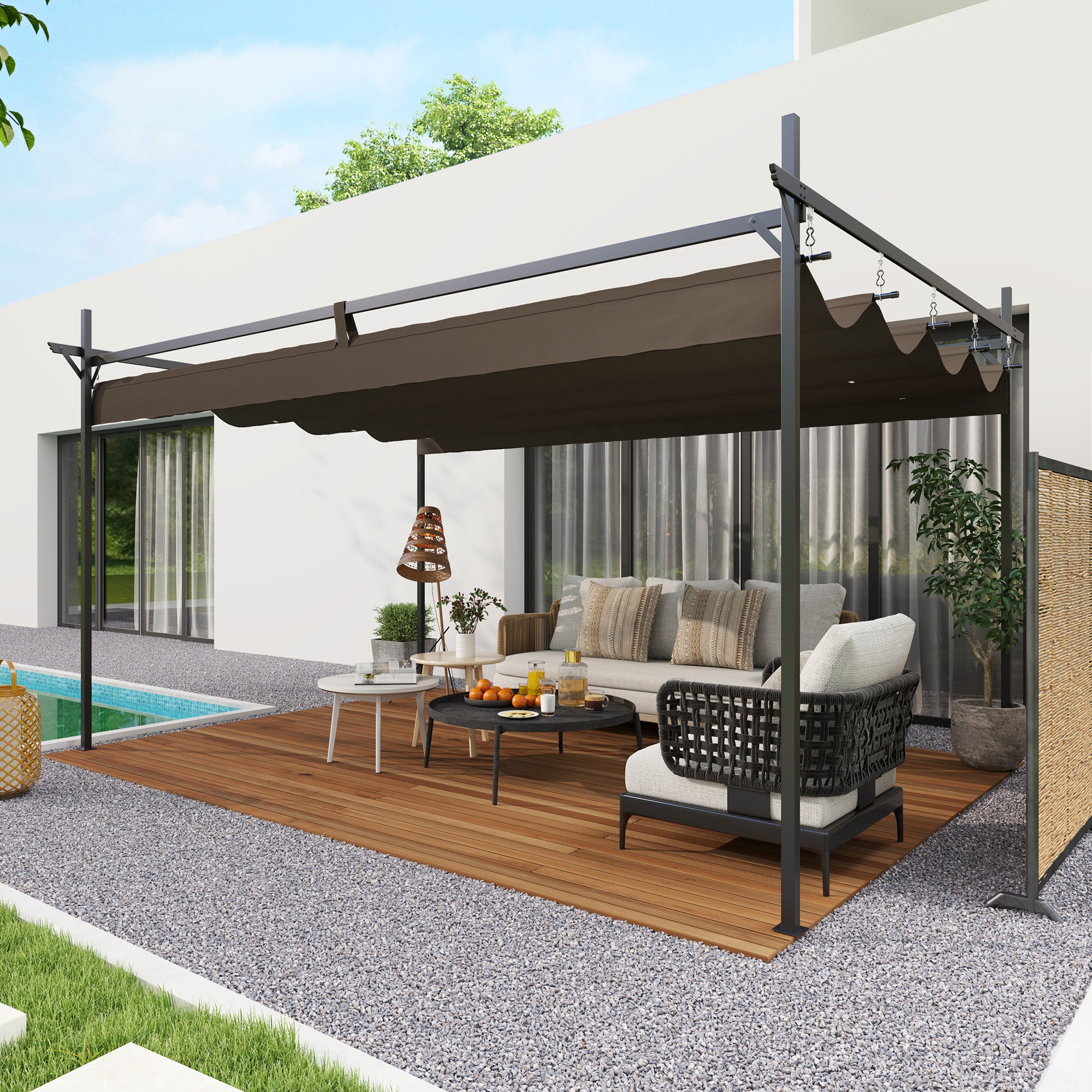 10' x 10' Outdoor Gazebo, UPF30+ Retractable Pergola Canopy, Free Standing Metal Pergola Kit, Brown