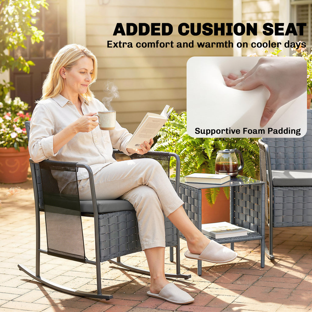3 Pieces Rocking Bistro Set Outdoor Patio Furniture Set with Side Pockets, Mesh Seat, Cushions, 2-Tier Table, Grey