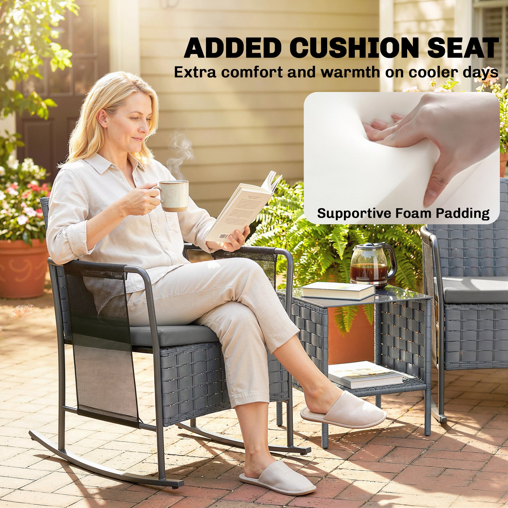 3 Pieces Rocking Bistro Set Outdoor Patio Furniture Set with Side Pockets, Mesh Seat, Cushions, 2-Tier Table, Grey