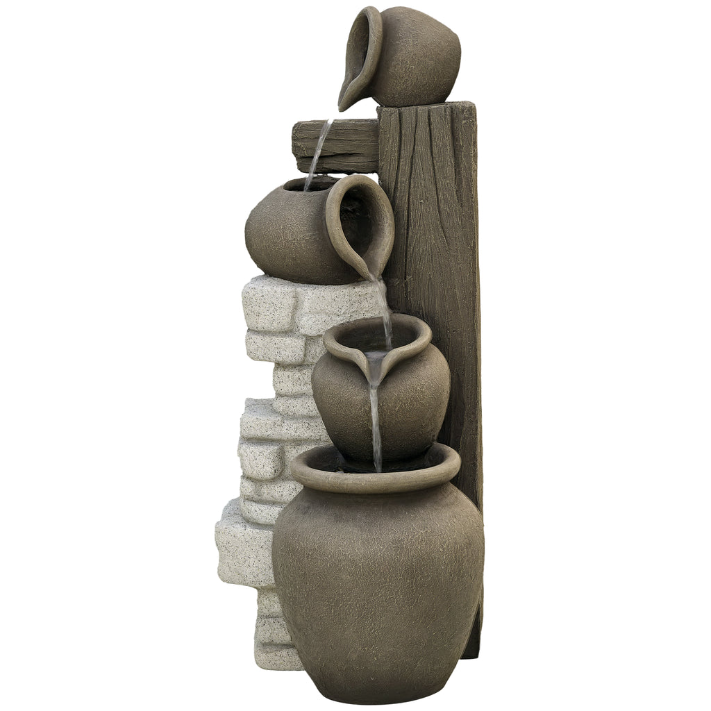 Wine Jars Outdoor Waterfall Fountain with Adjustable Flow, 4-Tier Rustic Resin Cascading Water Fountain, Decorative Backyard Water Feature for Zen Garden, Deck, Porch