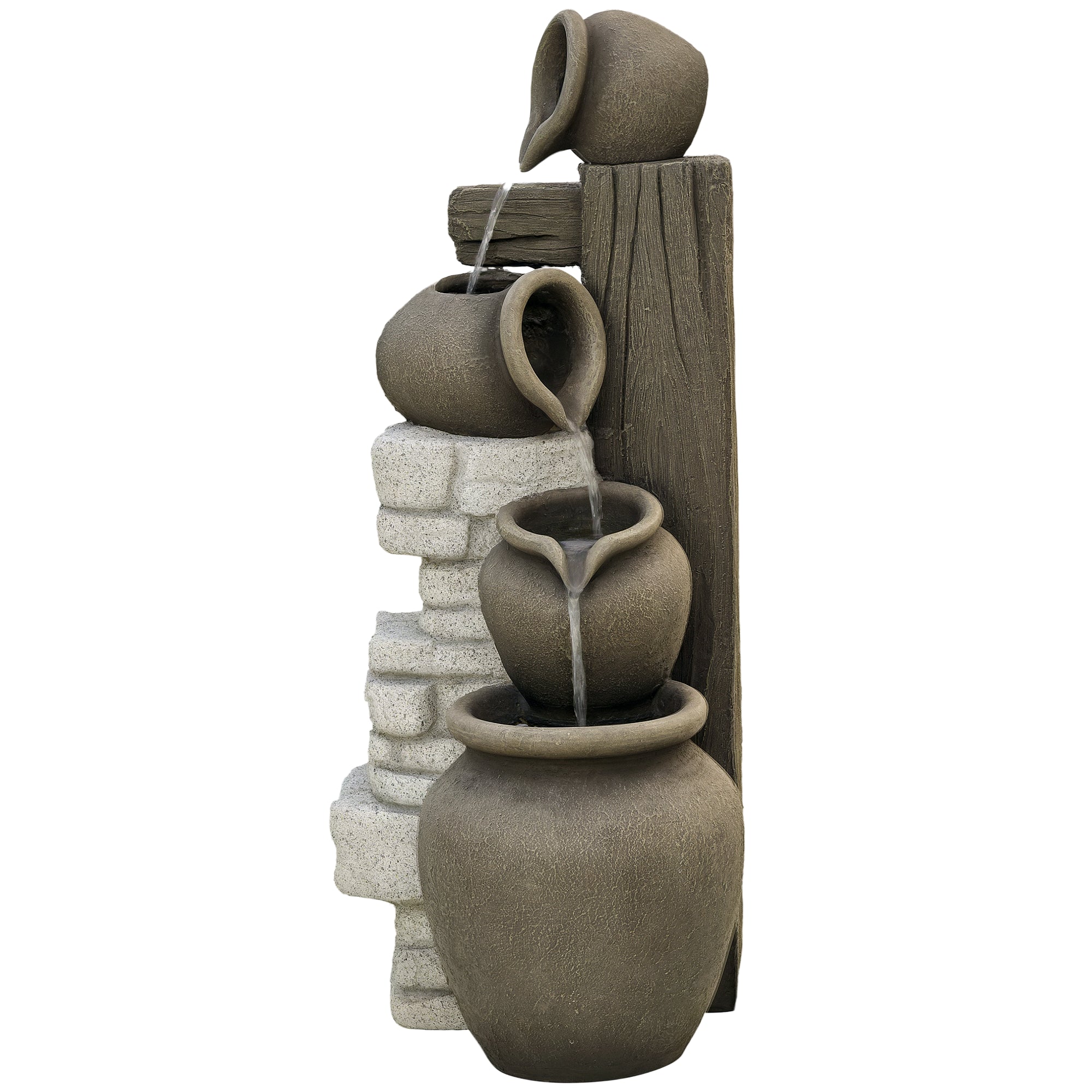 Wine Jars Outdoor Waterfall Fountain with Adjustable Flow, 4-Tier Rustic Resin Cascading Water Fountain, Decorative Backyard Water Feature for Zen Garden, Deck, Porch