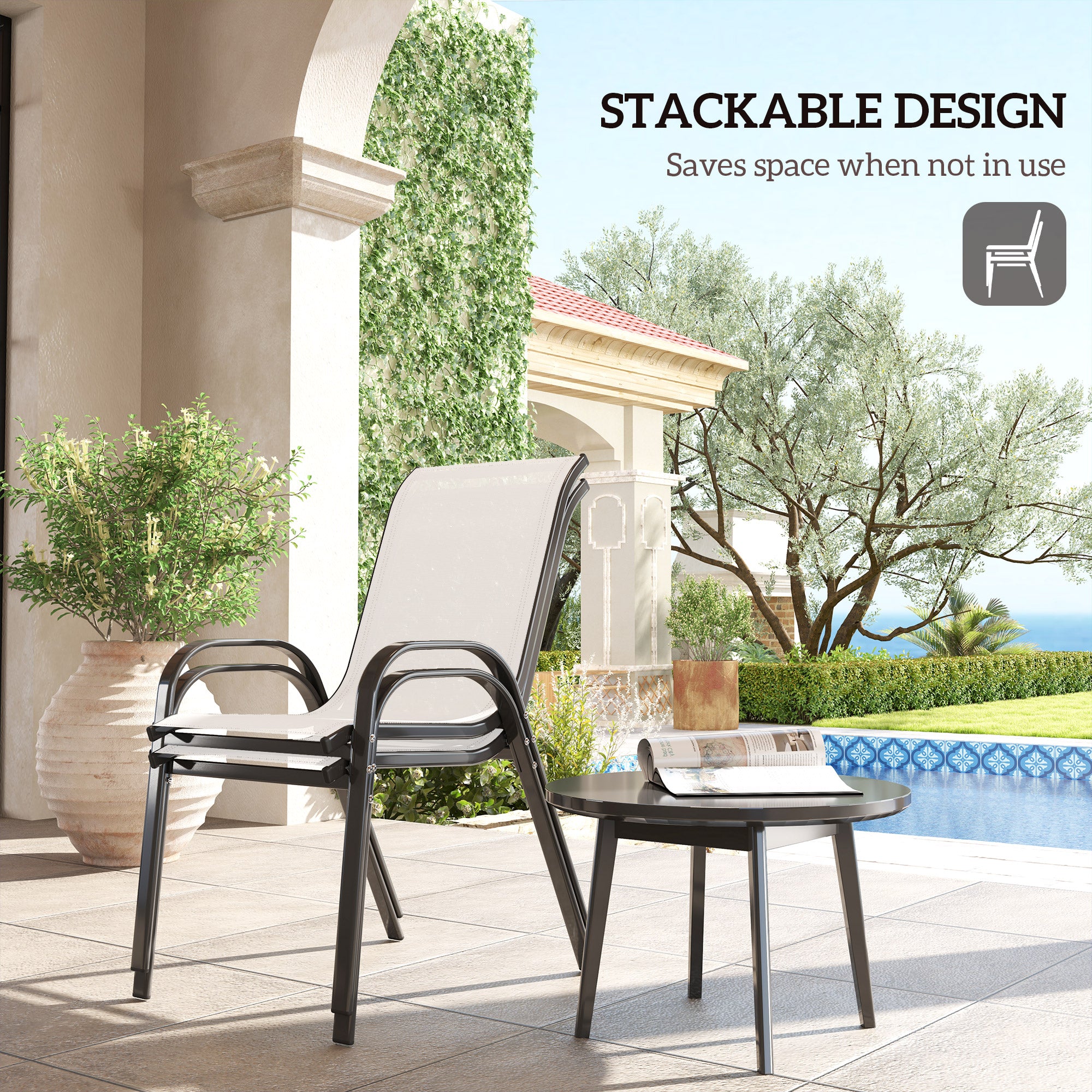 Set of 2 Outdoor Dining Chairs, Stackable Lawn Chairs with High Back, Breathable Mesh Seat for Garden Porch, Light Grey