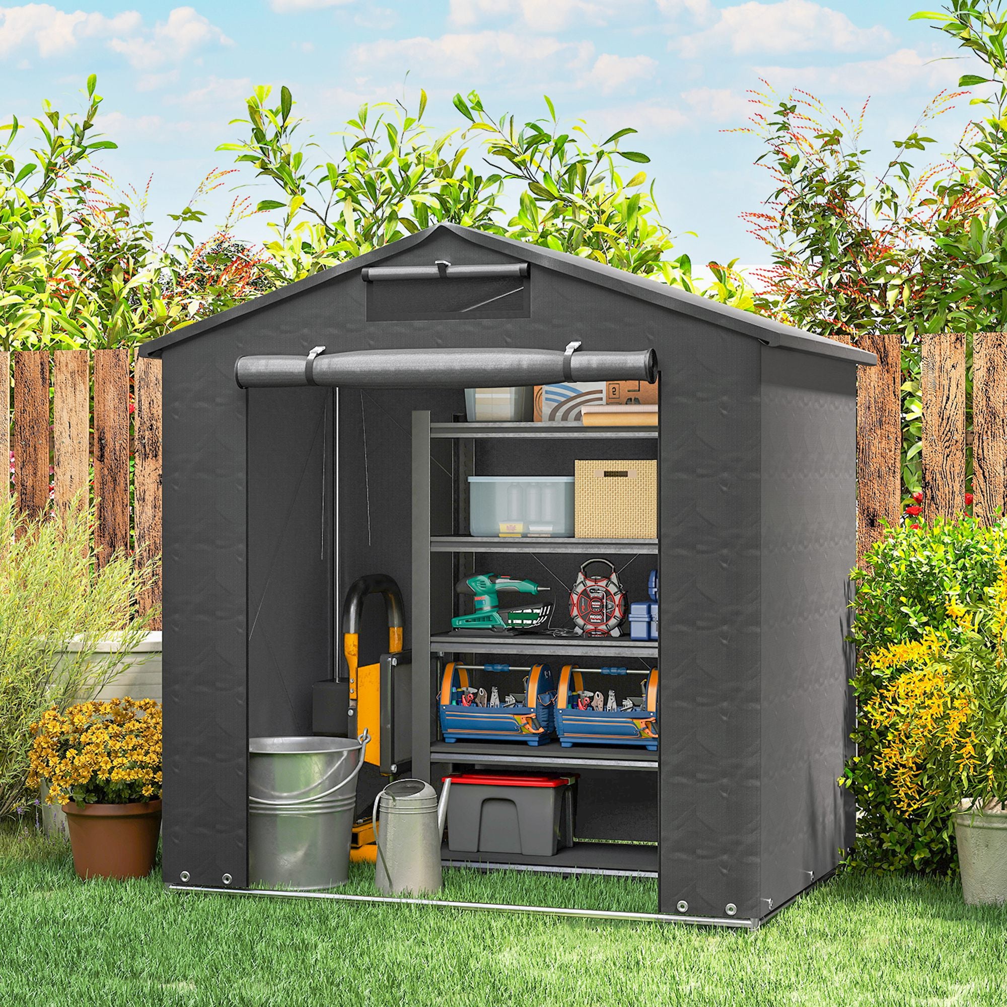 6' x 4' Portable Shed, Waterproof Bike Tent with Roll-up Zipper Door, Vent and Galvanised Metal Frame, Dark Grey