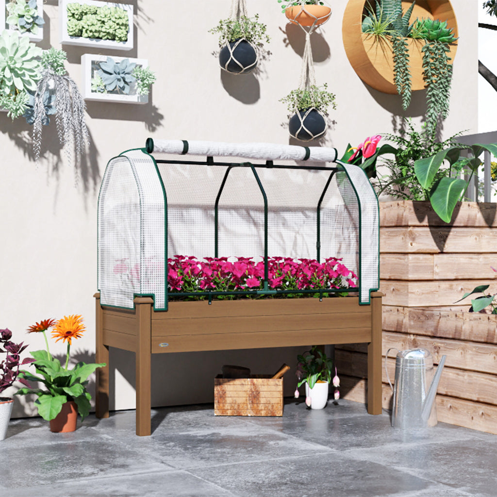 Raised Garden Bed with PE Greenhouse Cover Outdoor Elevated Wood Planter Box for Herbs and Vegetables Brown