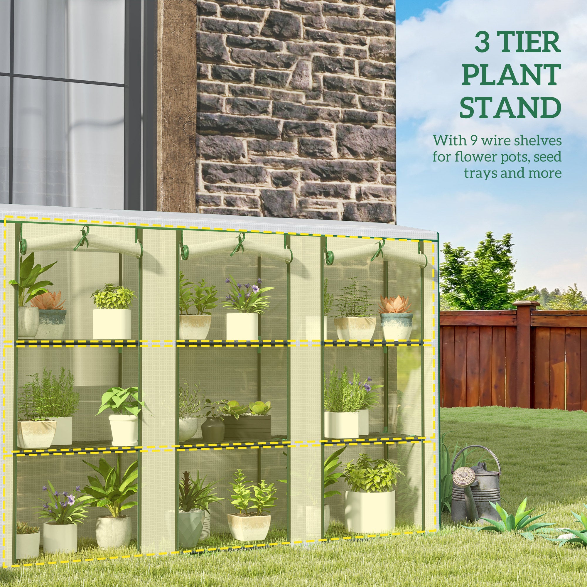 Lean-to Greenhouse with 3 Tier Shelves, Mini Greenhouse with 3 Roll-Up Doors for Indoor Outdoor, White