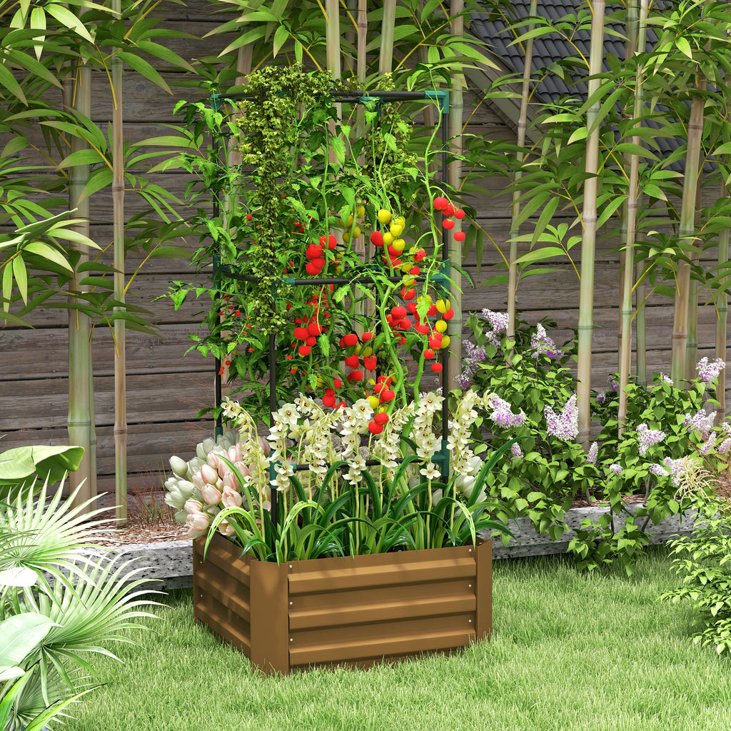 Galvanized Planter Box, Outdoor Raised Garden Bed with 3-Tier Trellis Tomato Cage for Climbing Vines, Vegetables, Brown