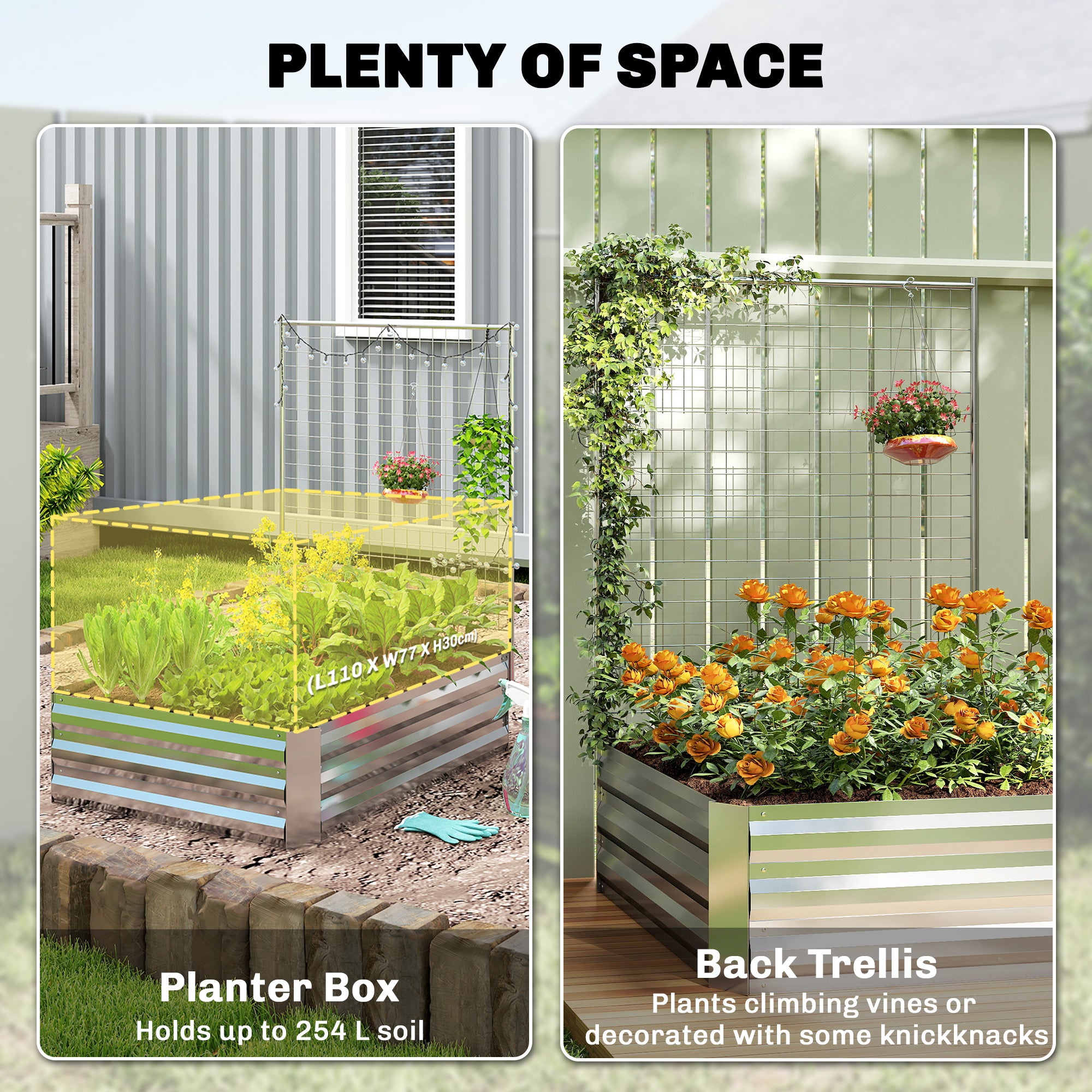 Galvanized Raised Garden Bed with Trellis for Climbing Plants, Outdoor Planter Box with Open Bottom, Silver