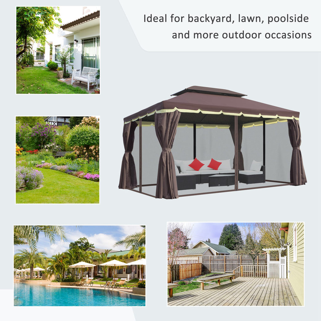 10 x 13ft Aluminum Frame Gazebo Canopy Double Tier Garden Shelter with Netting and Curtains, Coffee