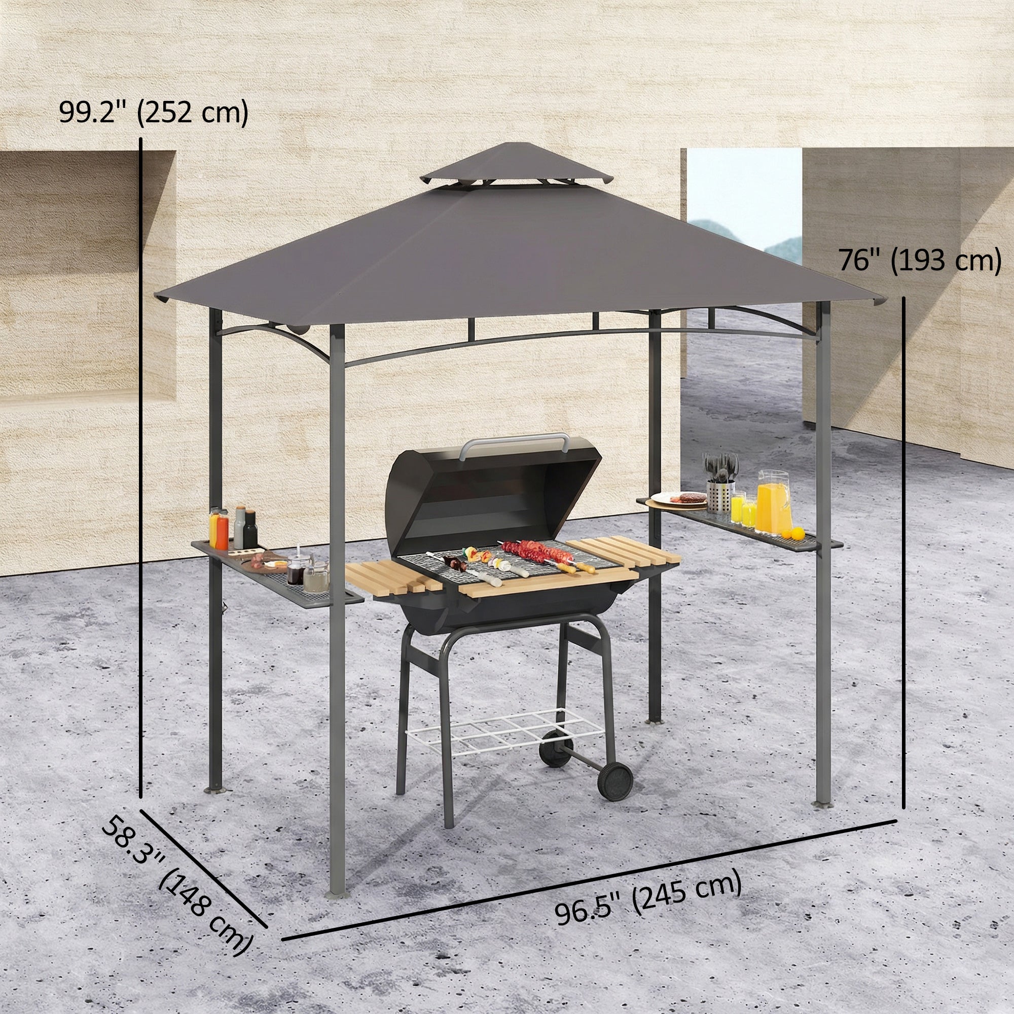 8' x 5' BBQ Grill Gazebo Tent with Double Tiered Canopy for Outdoor Sun Shade, Dark Grey