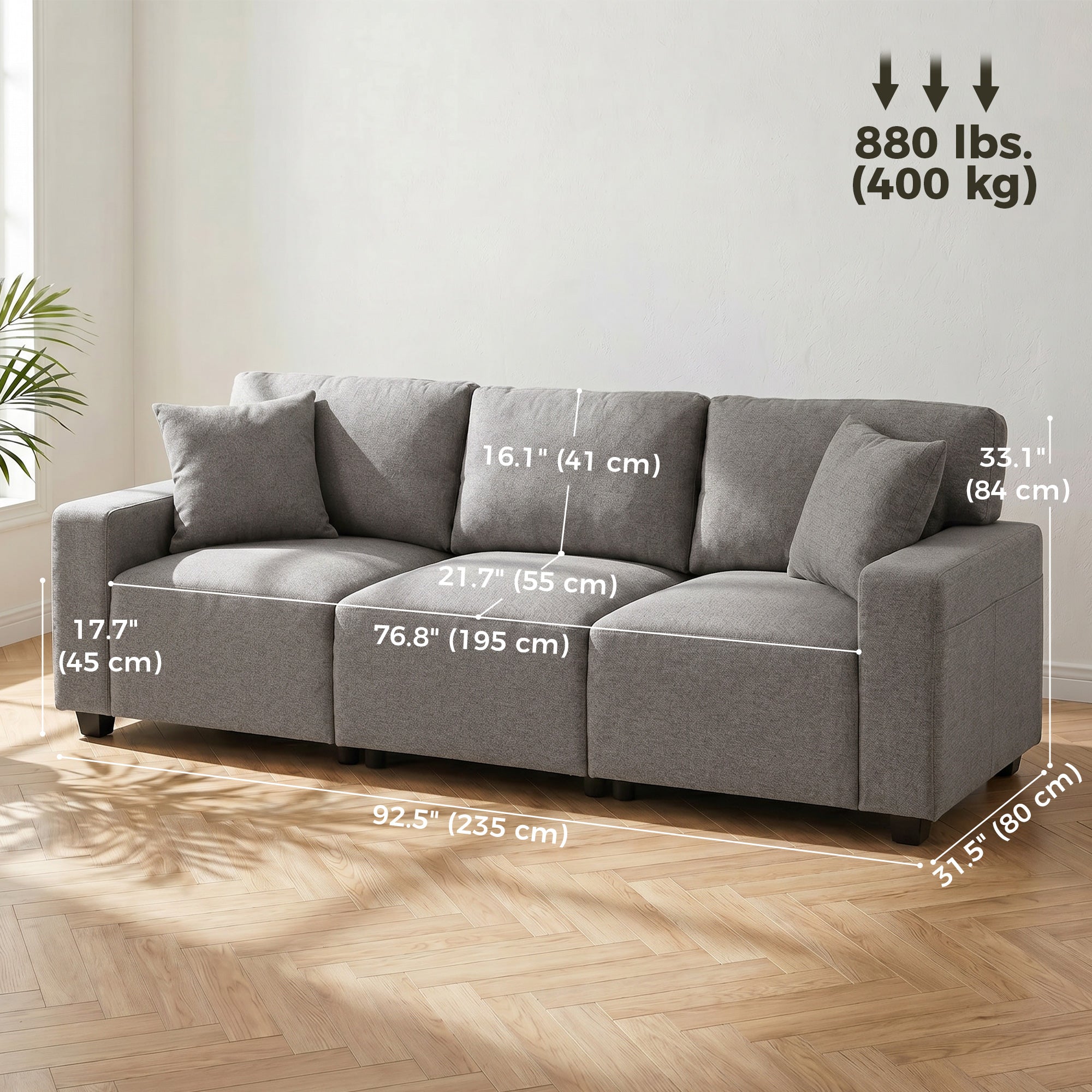 3 Seater Sofa with Storage Pockets, Modern Upholstered Couch with Pocket Springs, Grey