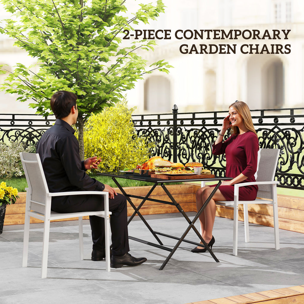 Set of 2 Outdoor Garden Chairs, Stackable Patio Dining Chairs with Breathable Fabric, Armrests and Backrest, Light Grey