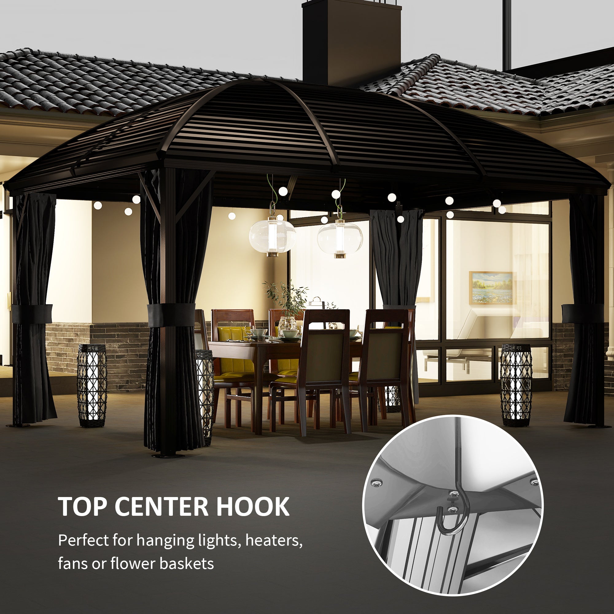 10x13 Hardtop Gazebo Aluminum Outdoor Canopy with Mesh Nettings Curtains Dark Grey