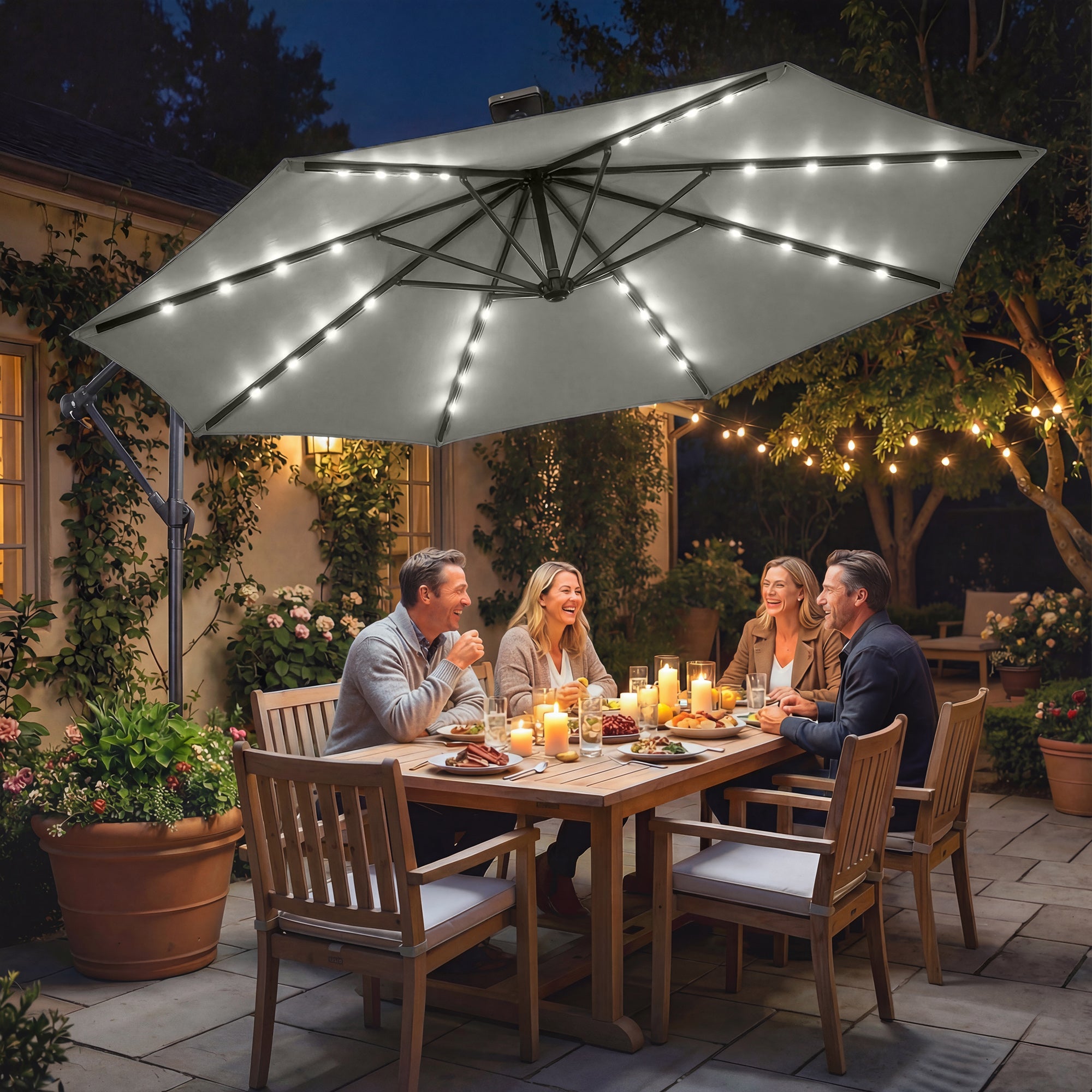 9.7 ft Cantilever Patio Umbrella with Solar Light, Garden Hanging Parasol with Cover, Tilt, Crank, Grey