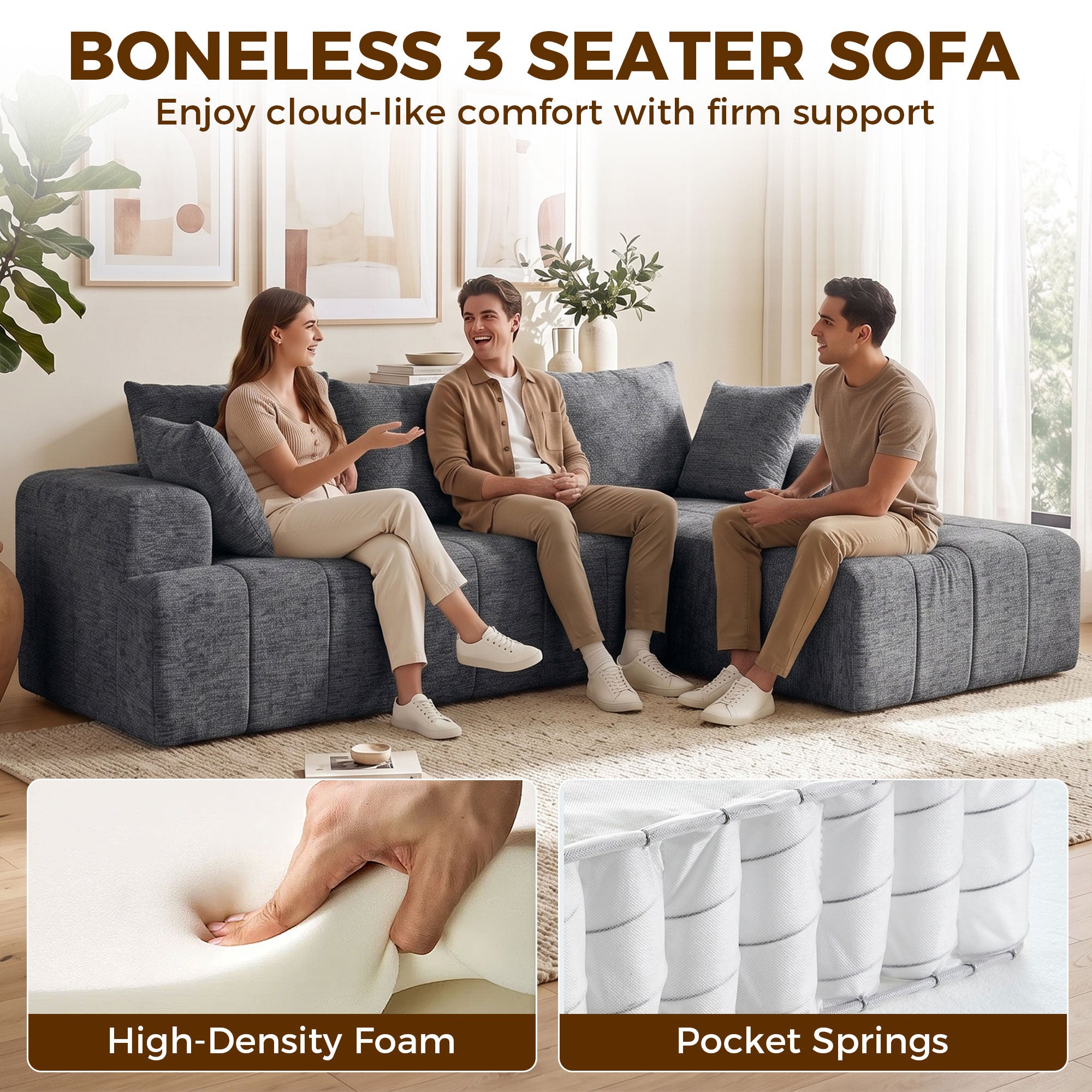 101" Modular Sectional Sofa with Chaise, Chenille Boneless Cloud Sofa Bed, 3 Seater L-Shaped Couch, No Assembly, Grey