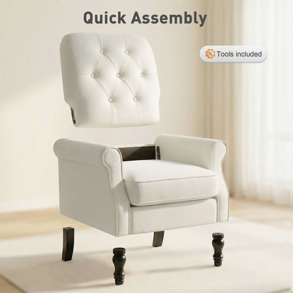 Accent Chair, Mid-Century Modern Armchair with Thick Padded Seat, Spring Cushion, Solid Wood Legs, Cream White