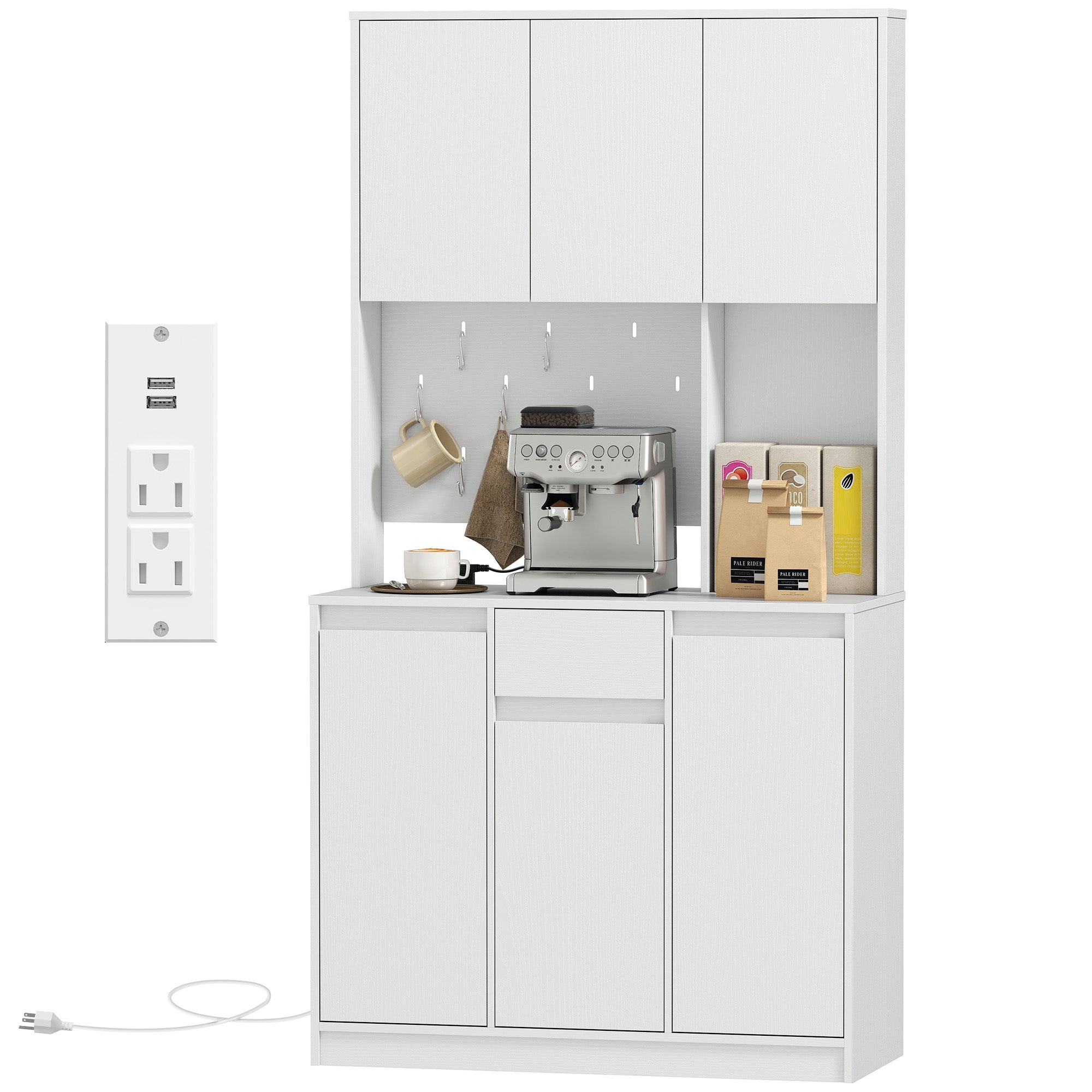 71" Pantry Cabinet with Charging Station, Kitchen Storage Cabinet with Microwave Stand, Pegboard, 6 S-hooks, White
