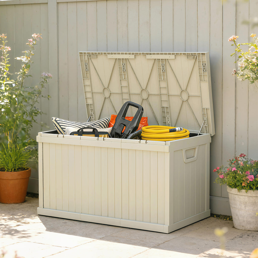 70 Gallon Deck Box, Resin Outdoor Storage Box with Handles, Waterproof Storage Container for Garden Tools, Sand