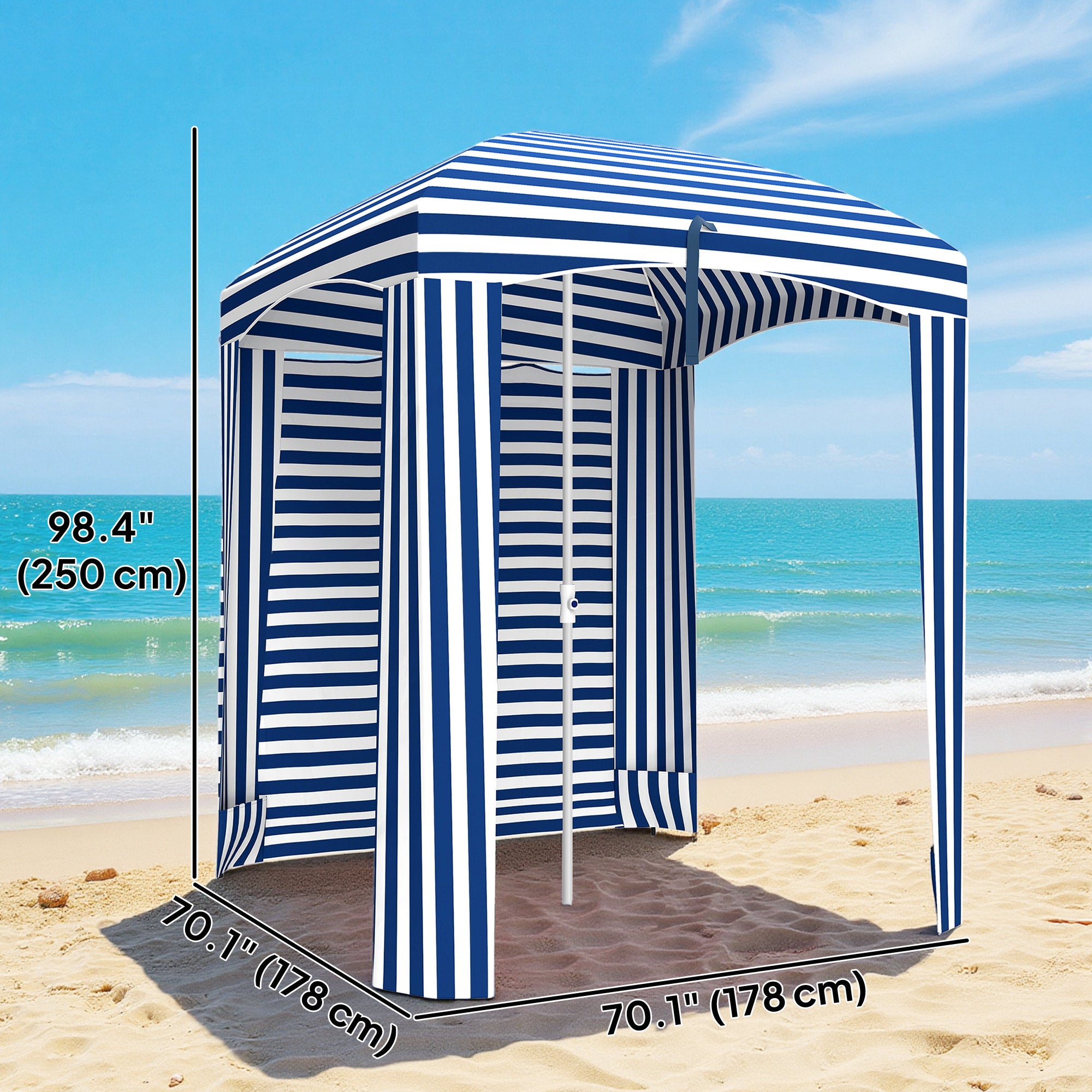 70.1" L x 70.1" W Cabana Umbrella with Walls, Vents, Ruffles, Carry Bag, Beach Umbrella, Blue White Stripe