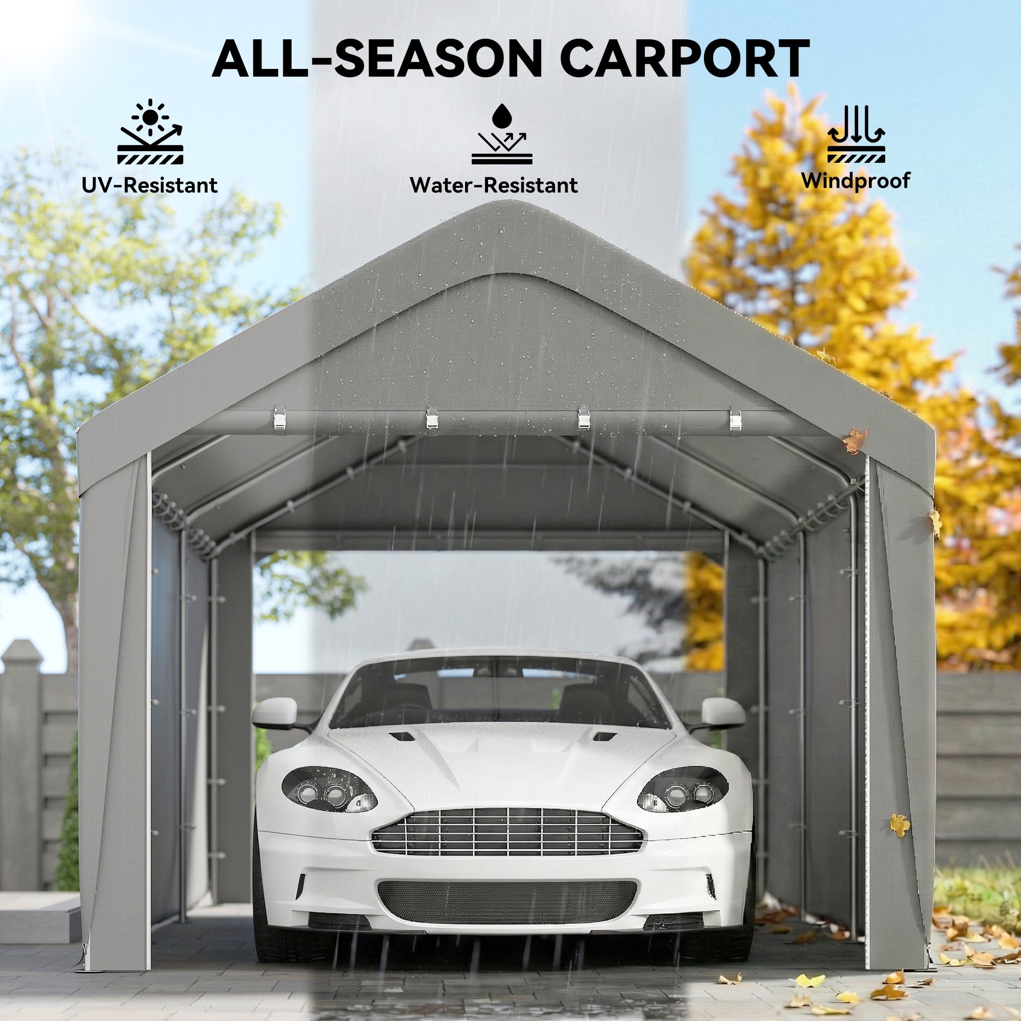 Carport, 10 x 20 ft Portable Garage with 2 Roll-Up Doors and Removable Sidewalls for Car, Truck, Boat, Light Grey