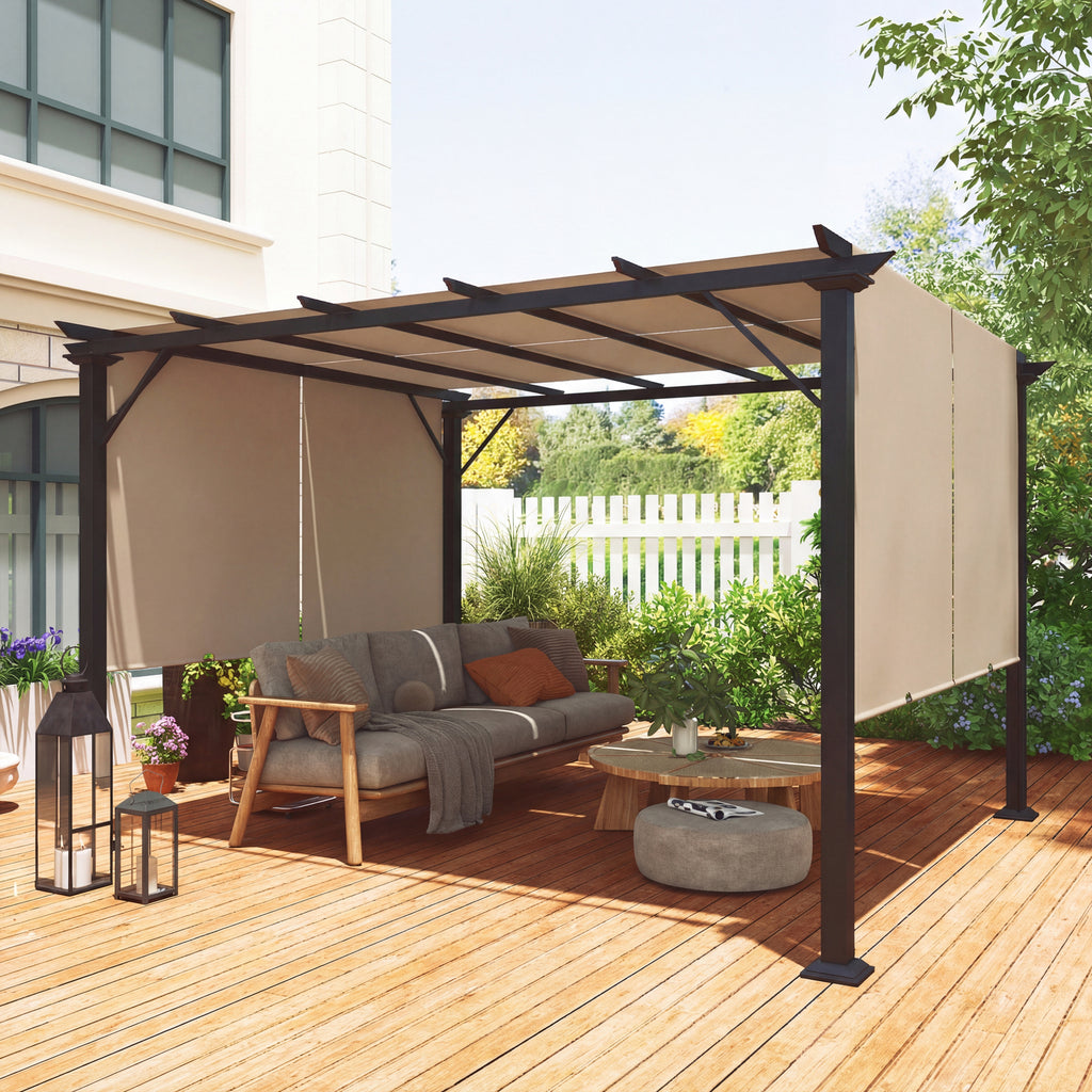 12' x 10' Outdoor Patio Gazebo Pergola with Retractable Canopy Roof, Steel Frame with Stakes, Light Brown