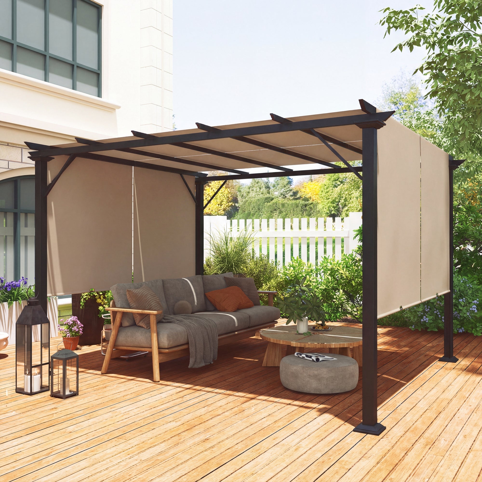 12' x 10' Outdoor Patio Gazebo Pergola with Retractable Canopy Roof, Steel Frame with Stakes, Light Brown