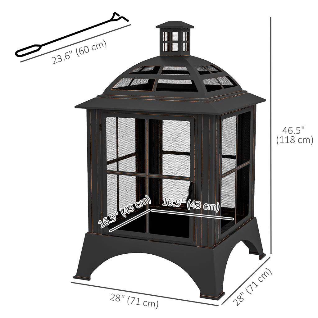 Wood-Burning Fire Pit, Chimney Style Firepit with Poker, 28" x 28", Black