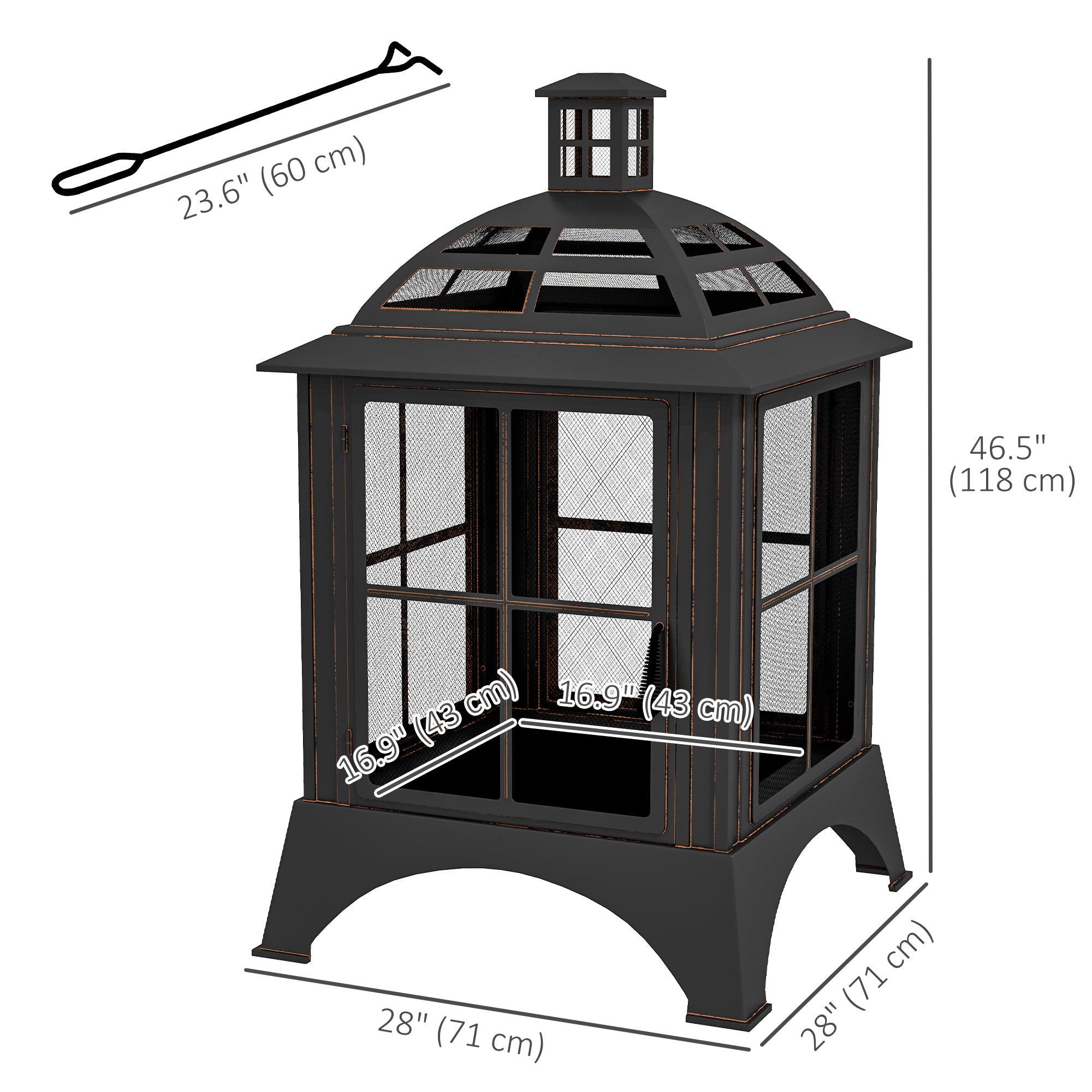Wood-Burning Fire Pit, Chimney Style Firepit with Poker, 28" x 28", Black