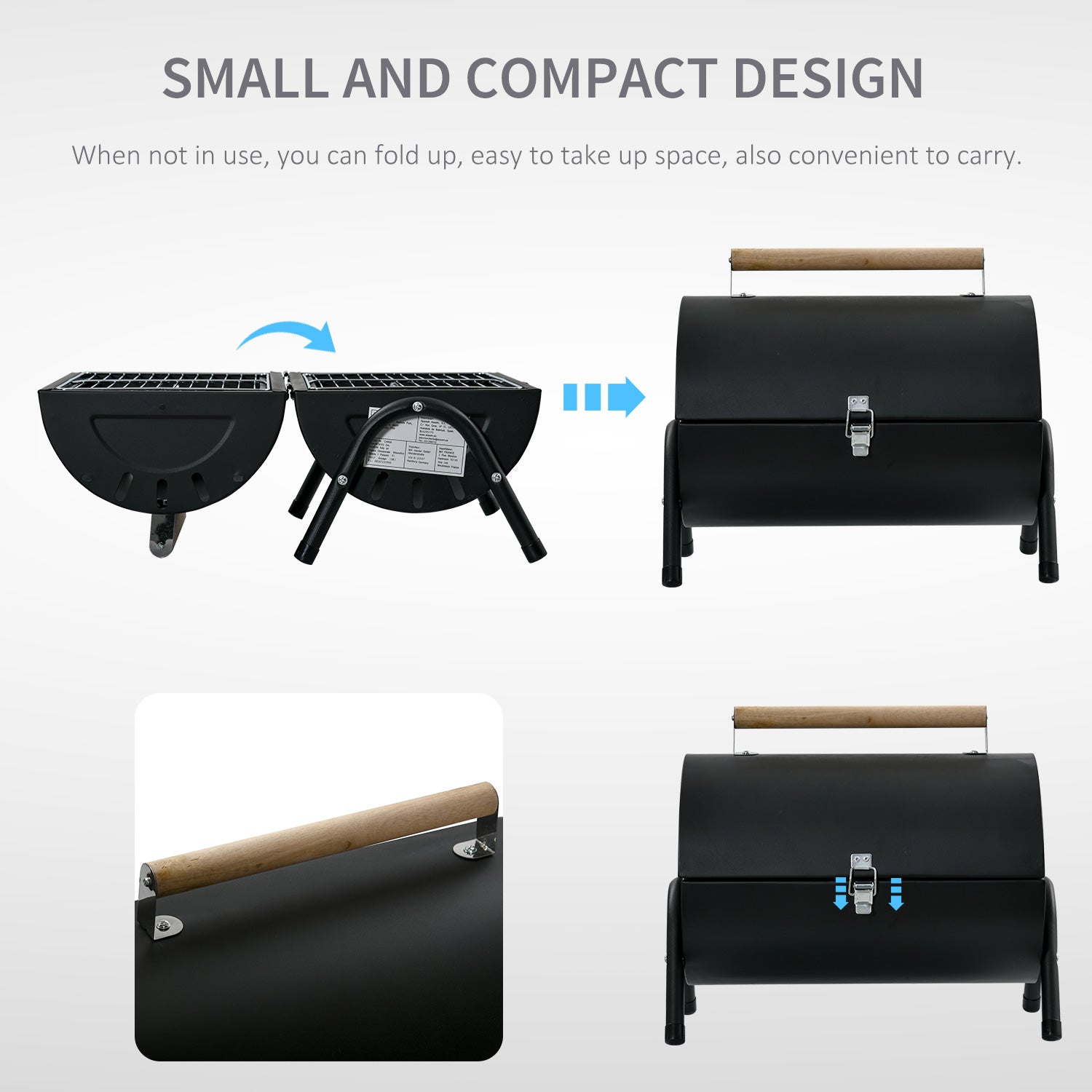 Outdoor Charcoal BBQ Grill, Tabletop Folding Barbecue Grill with Handle, 17.3" x 9.8" x 14", Black