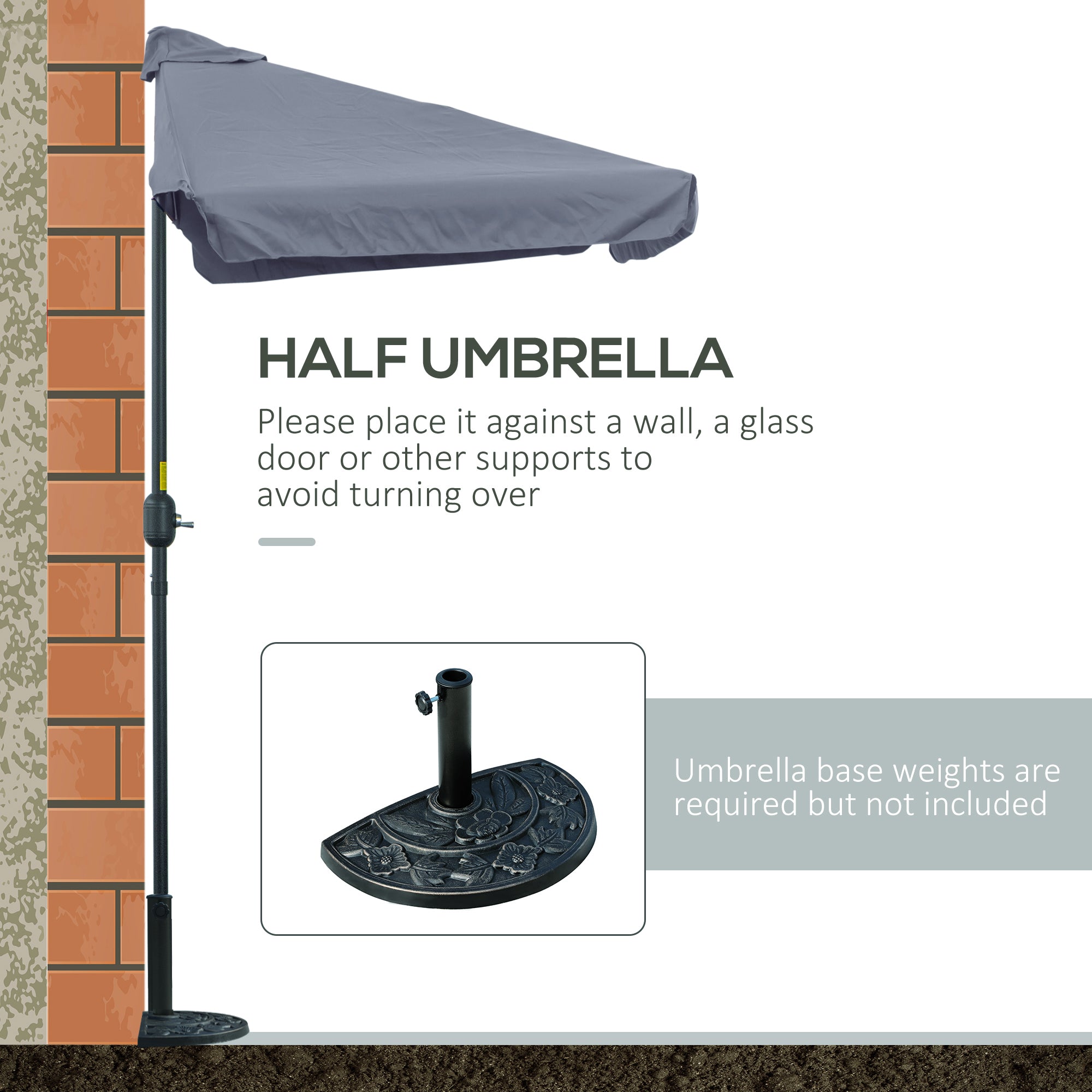 7.5ft Half Umbrella Semi Patio Parasol with Crank Handle, Top Vent for Garden, Balcony- NO BASE INCLUDED, Grey
