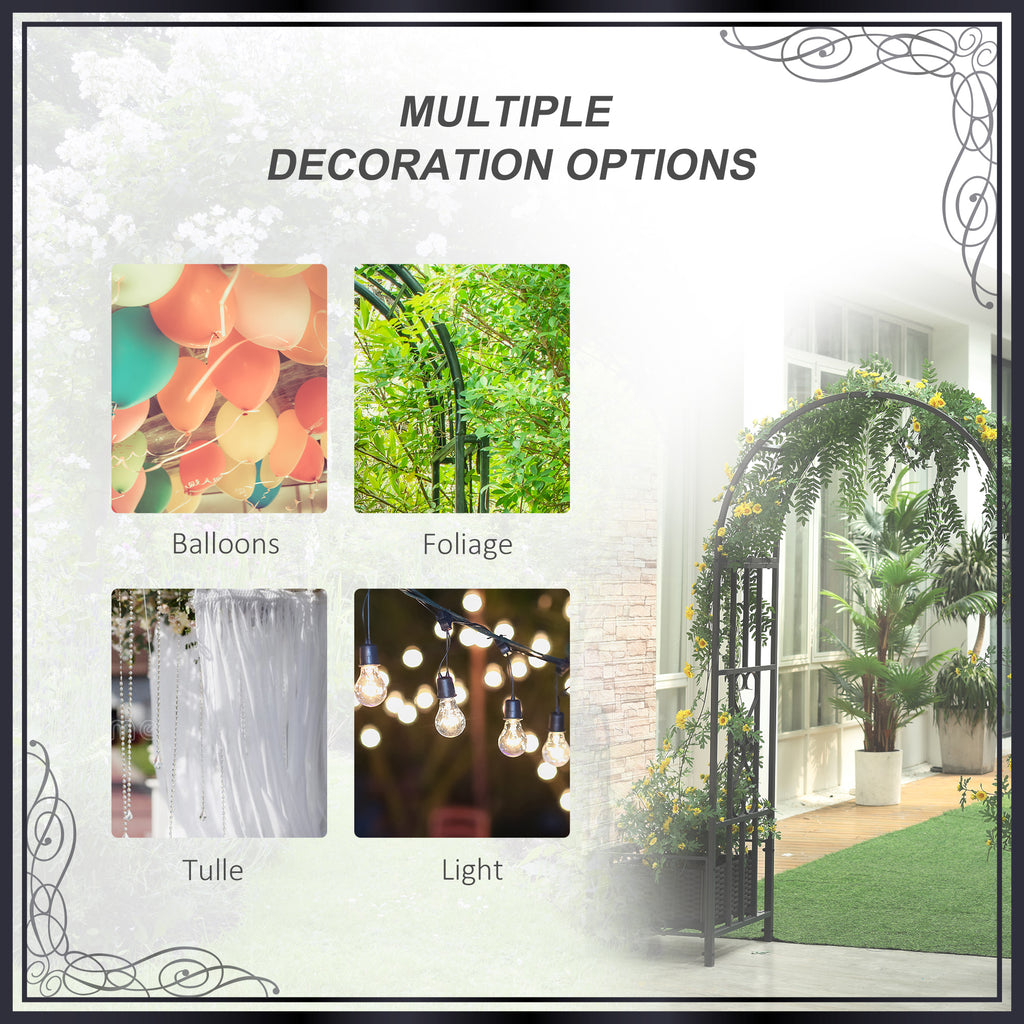 7FT Metal Garden Arch with 2 Planter Boxes, Decorative Outdoor Walkway Arbor for Climbing Vine Plants for Patio Backyard Lawn Party Ceremony, Dark Grey