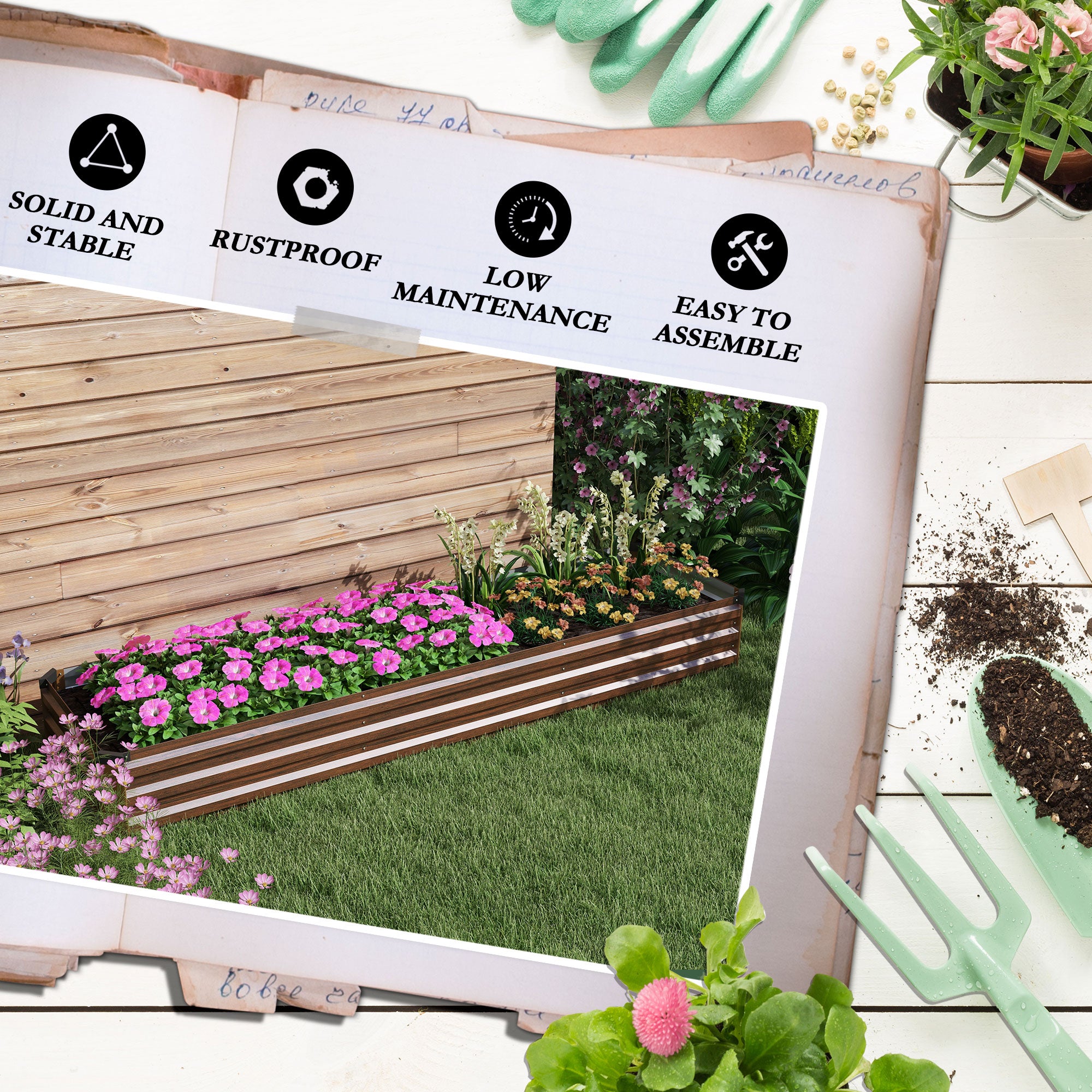 8'x2'x1' Galvanized Raised Bed, Large Elevated Planter Box for Growing Flowers, Herbs and Vegetables, Dark Brown