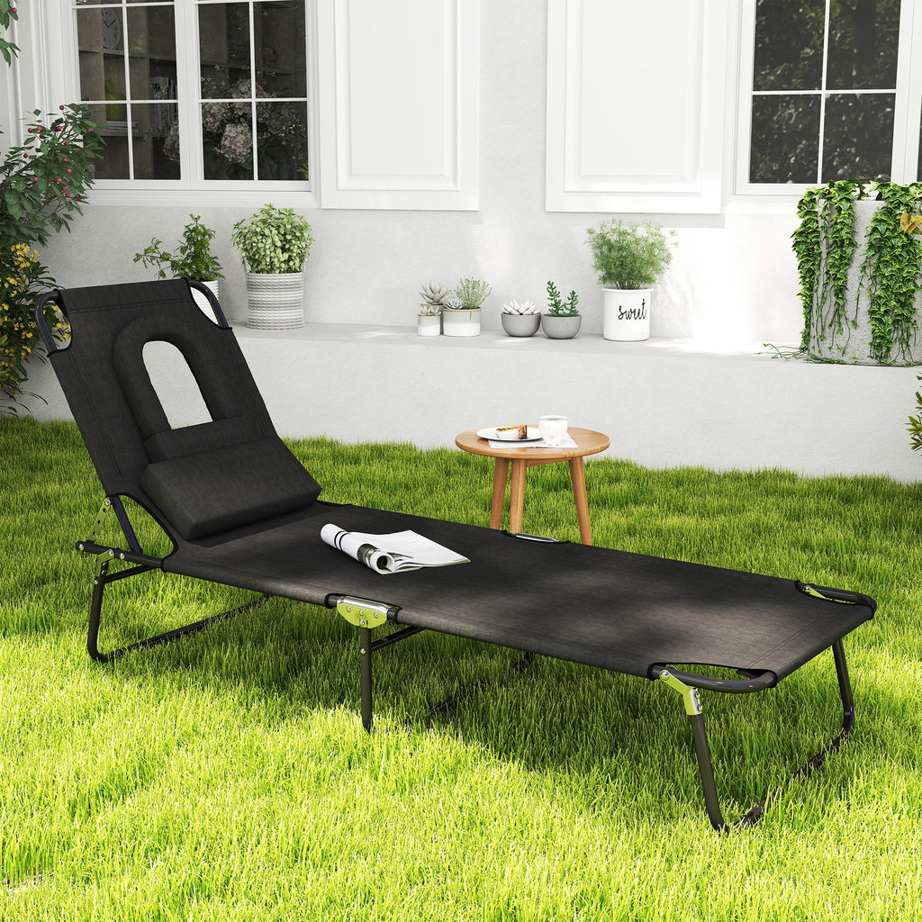 Adjustable Outdoor Lounge Chair, Garden Folding Chaise Lounge with Face Hole Reclining Tanning Chair Seat, Folding Camping Beach Lounging Bed w/ Support Pillow, Black