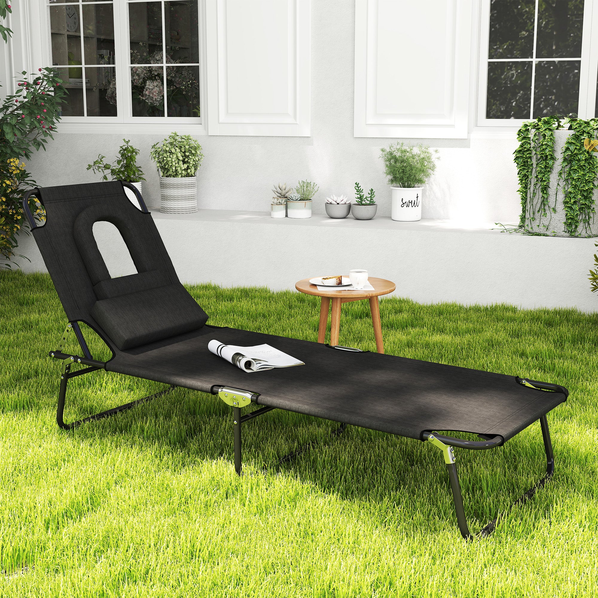 Adjustable Outdoor Lounge Chair, Garden Folding Chaise Lounge with Face Hole Reclining Tanning Chair Seat, Folding Camping Beach Lounging Bed w/ Support Pillow, Black