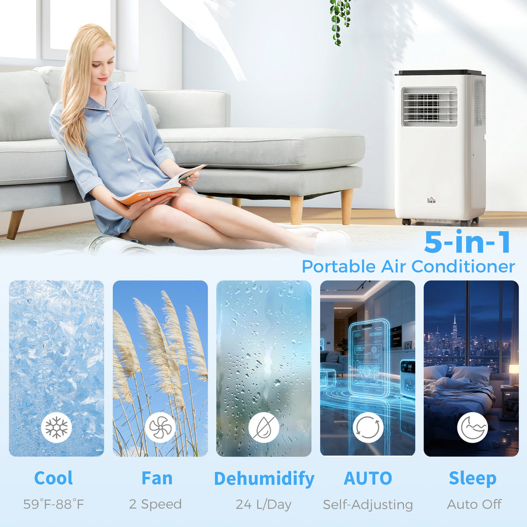 10,000 BTU Moible Air Conditioner 440 Sq. Ft., Dehumidifier Fan Auto Sleep with 24H Timer On/Off, Window Kit, White
