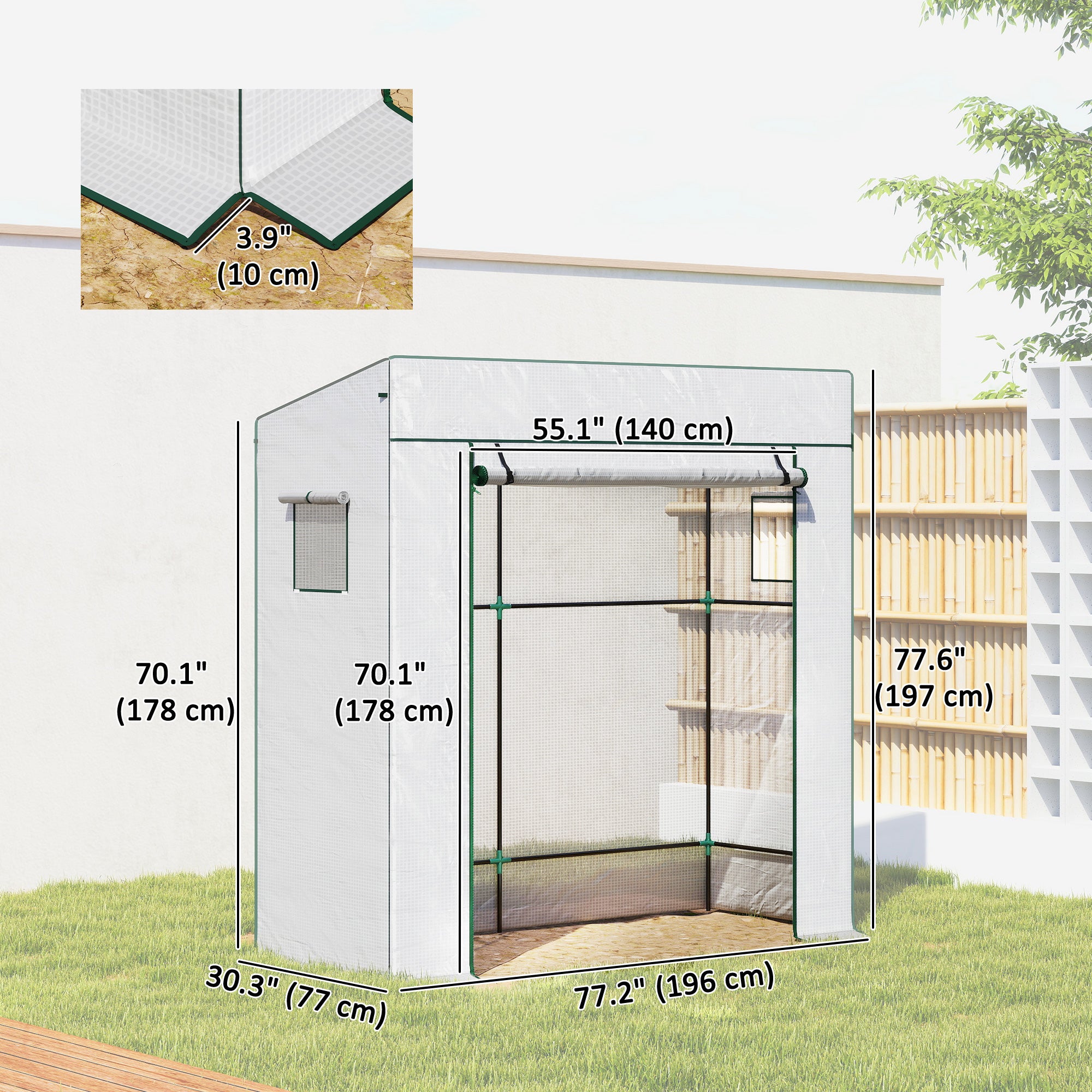 Walk-in Tomato Greenhouse Lean-to Green House with Reinforced PE Cover, Roll-up Door, Mesh Windows, White