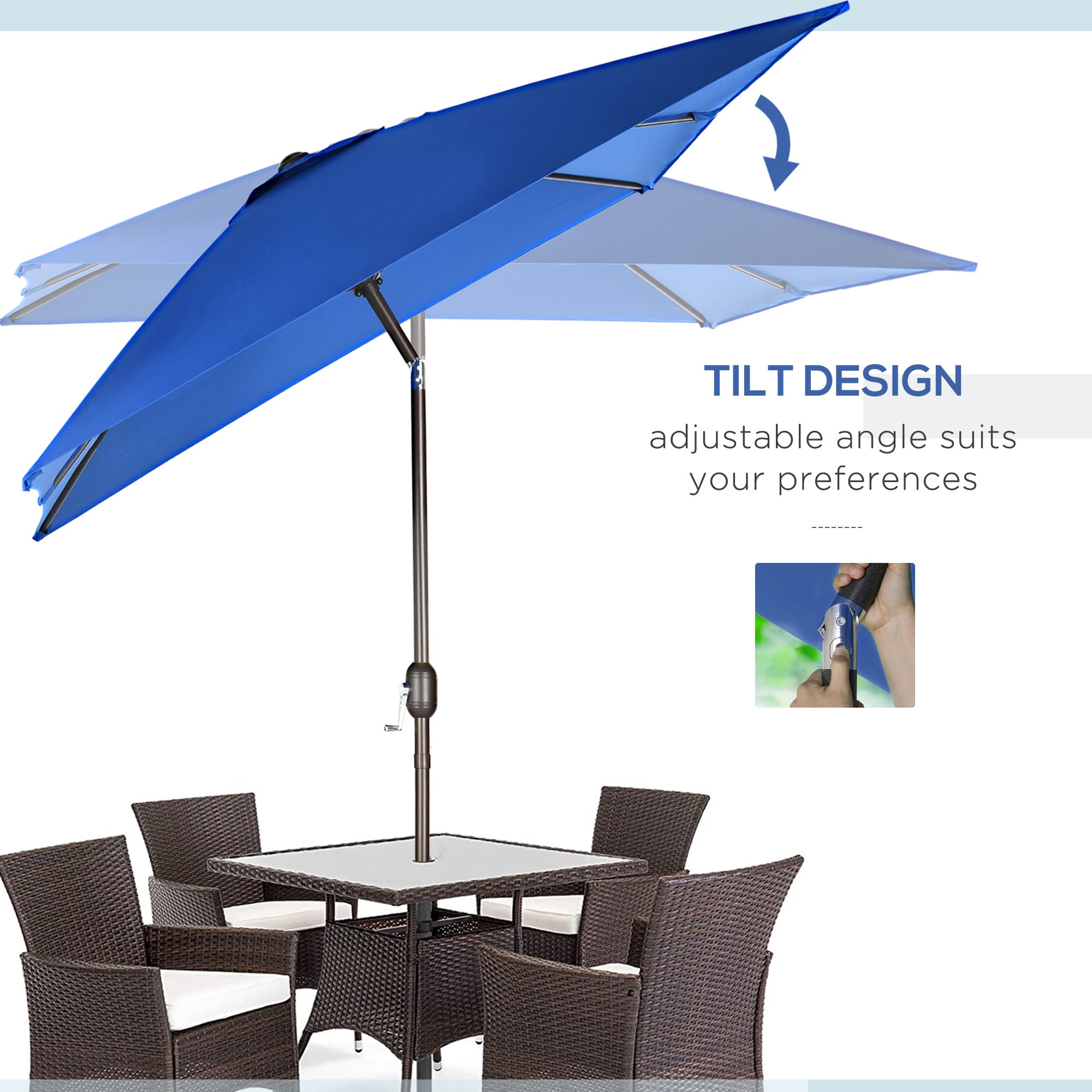 6.5x10ft Patio Umbrella, Rectangle Market Umbrella with Aluminum Frame and Crank Handle, Garden Parasol Outdoor Sunshade Canopy, Dark Blue