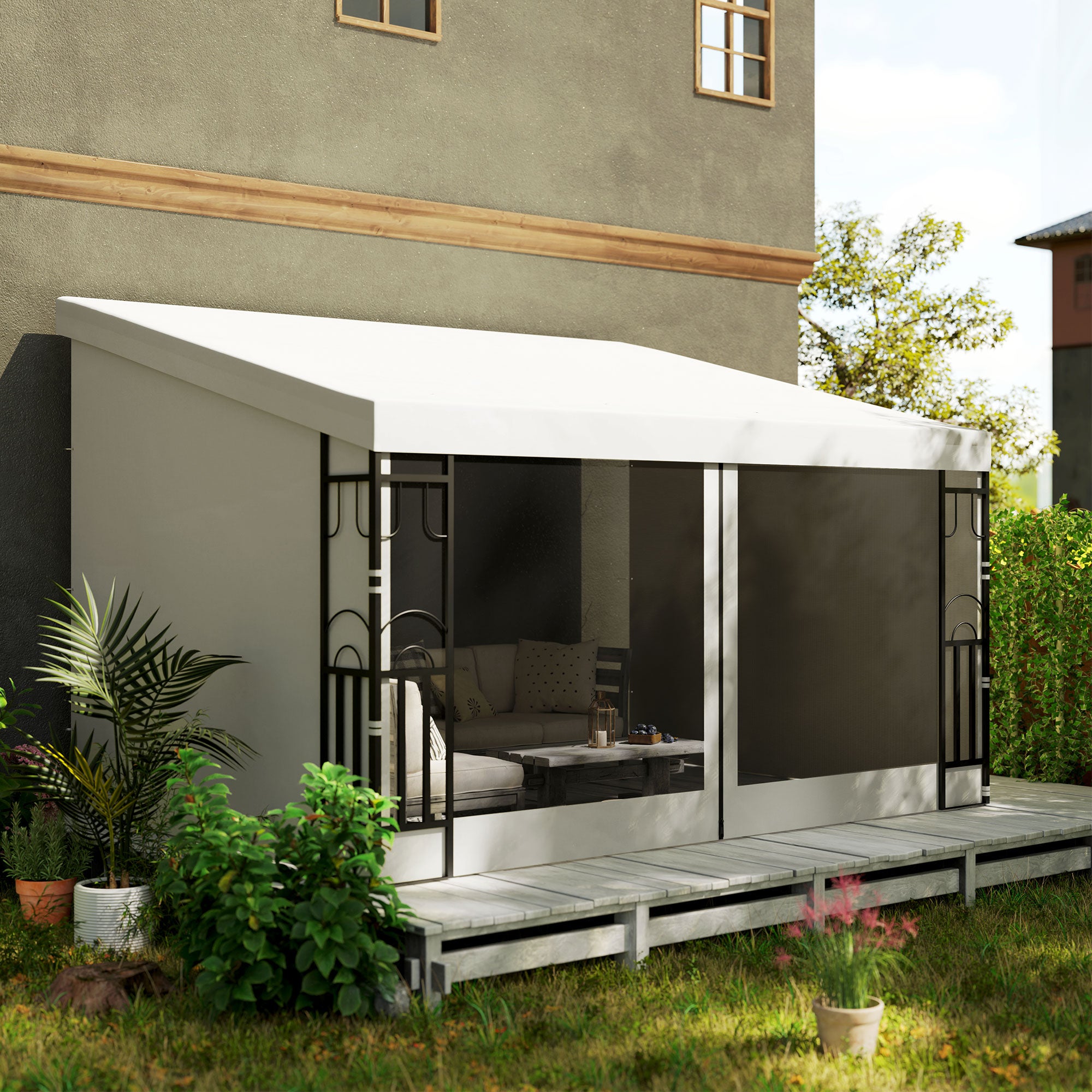 10' x 13' Wall Pergola, Outdoor Gazebo with 2 Curtains and 2 Nettings, UV Resistant, for Patio, Deck,  Beige