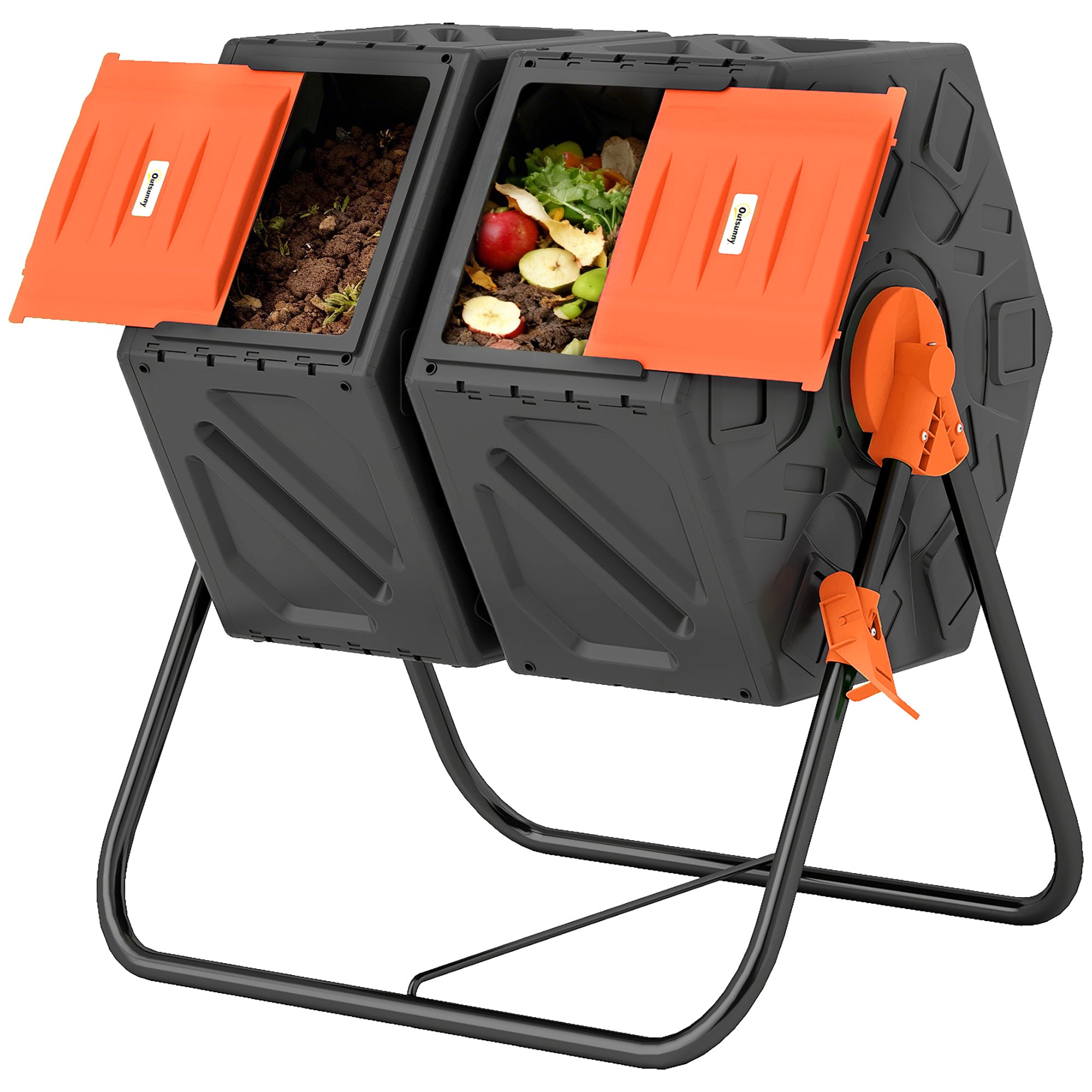 Rotating Composter, Dual Chamber Compost Bin with 24 Vents and Steel Legs, 34.5 Gallon, Orange