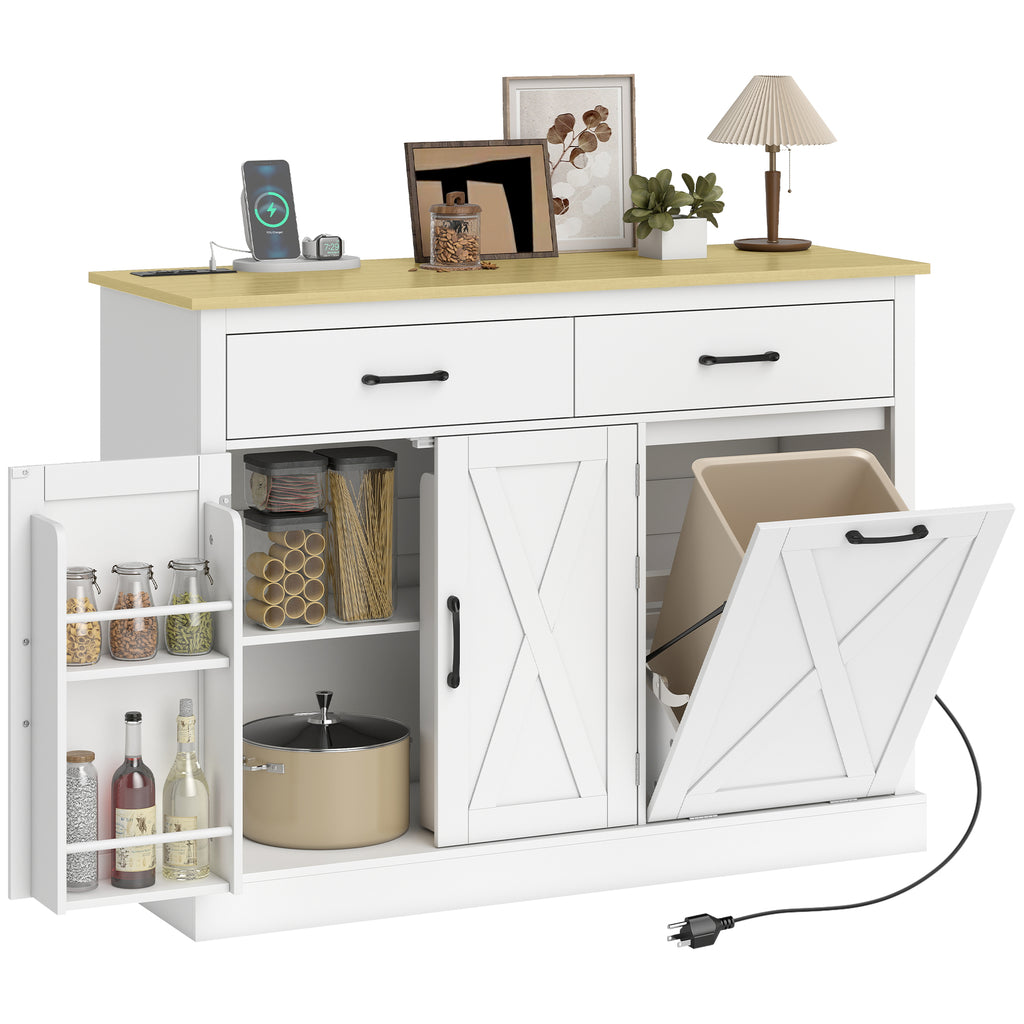 7 Gallon Tilt Out Garbage Cabinet, Kitchen Island with Charging Station, 2 Drawers, 4 Door Racks, White