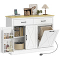 7 Gallon Tilt Out Garbage Cabinet, Kitchen Island with Charging Station, 2 Drawers, 4 Door Racks, White