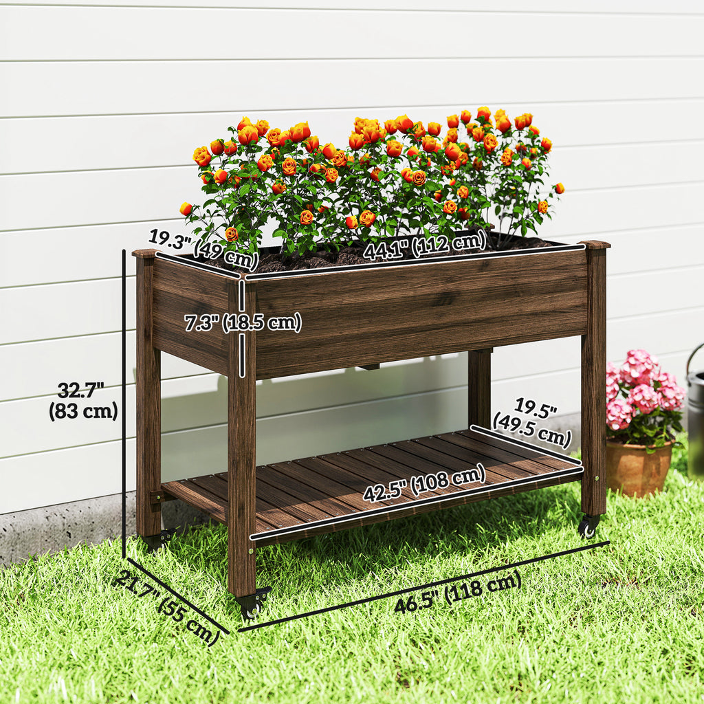 Mobile Raised Garden Bed Elevated Wood Planter Box with Lockable Wheels, Storage Shelf for Herbs Vegetables, Carbonized